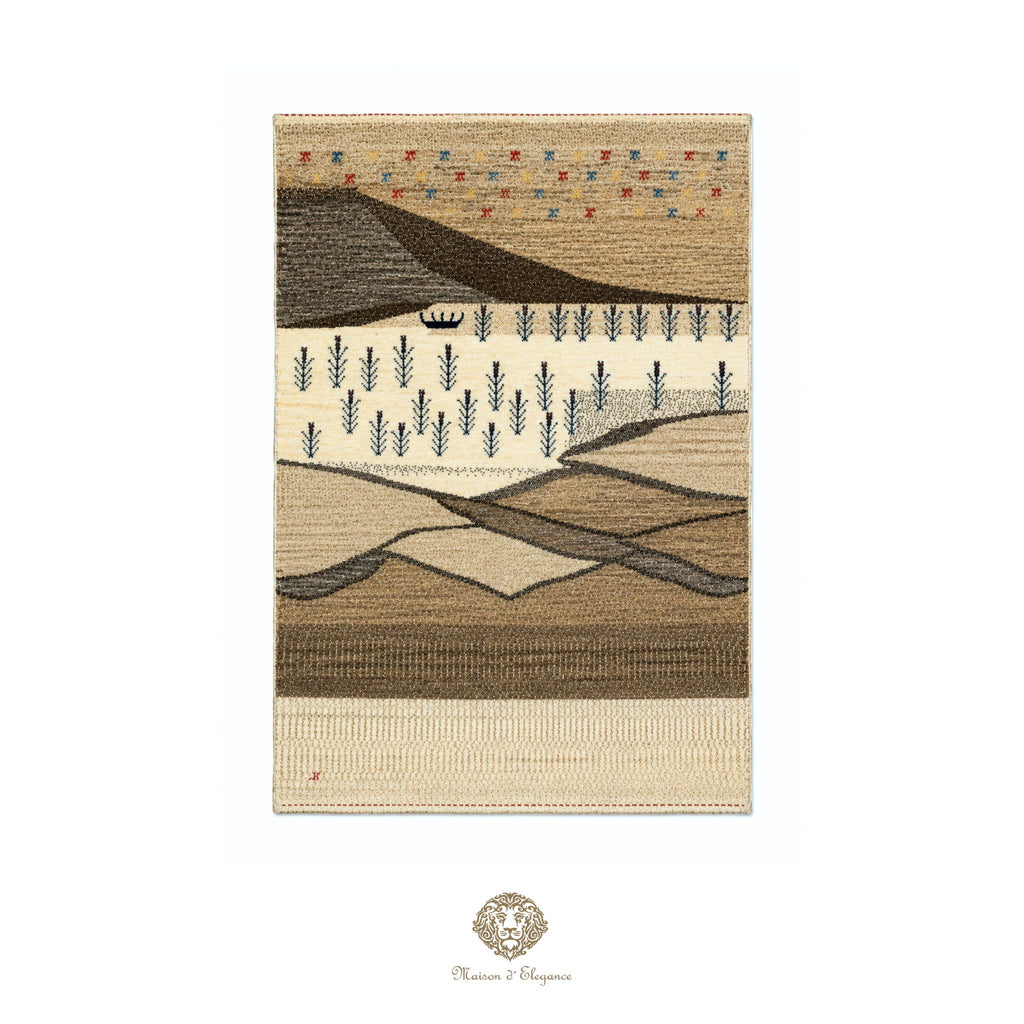 Rectangular rug with landscape design featuring trees and hills on a beige background