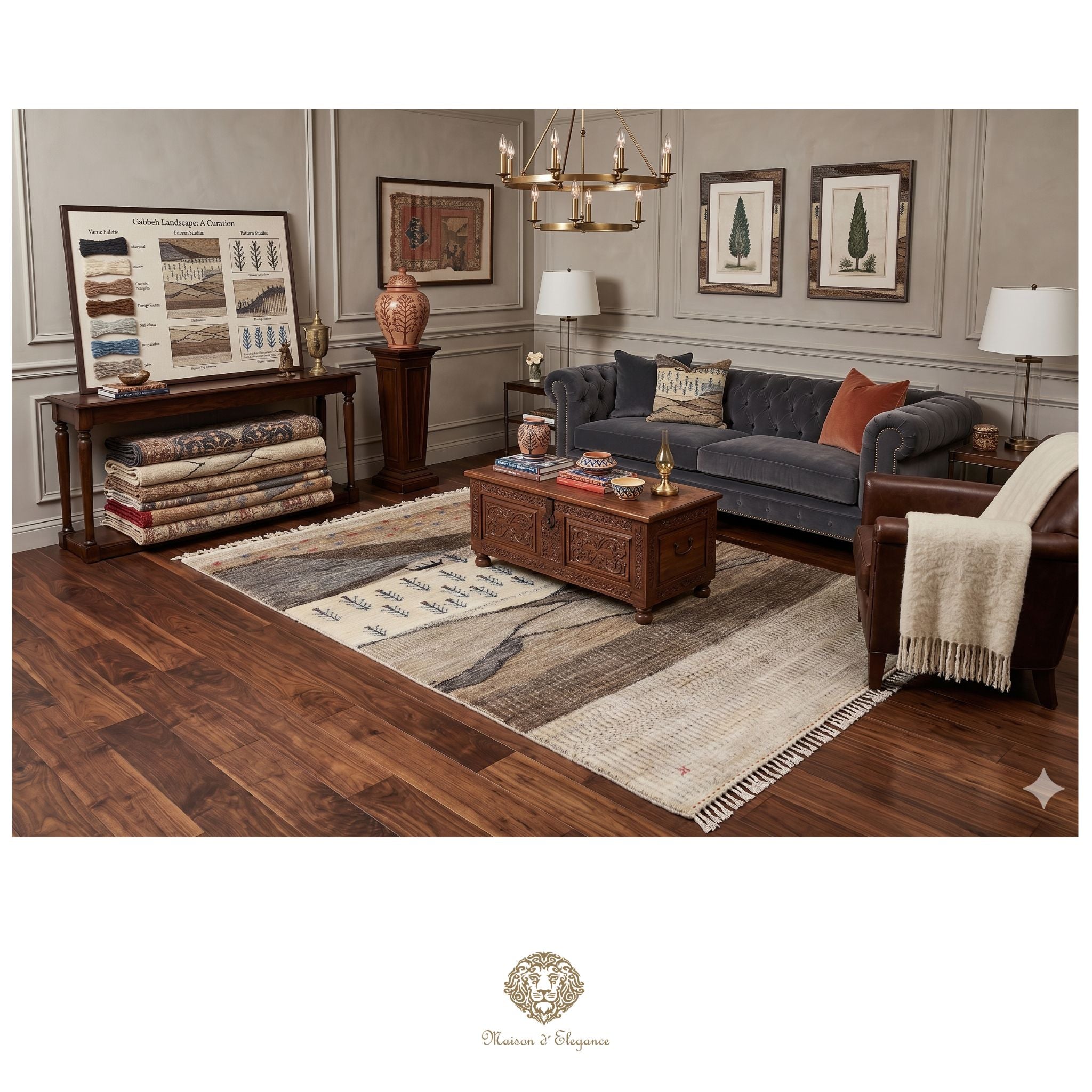 Living room with gray sofa, wooden coffee table, and decorative items on a wooden floor.