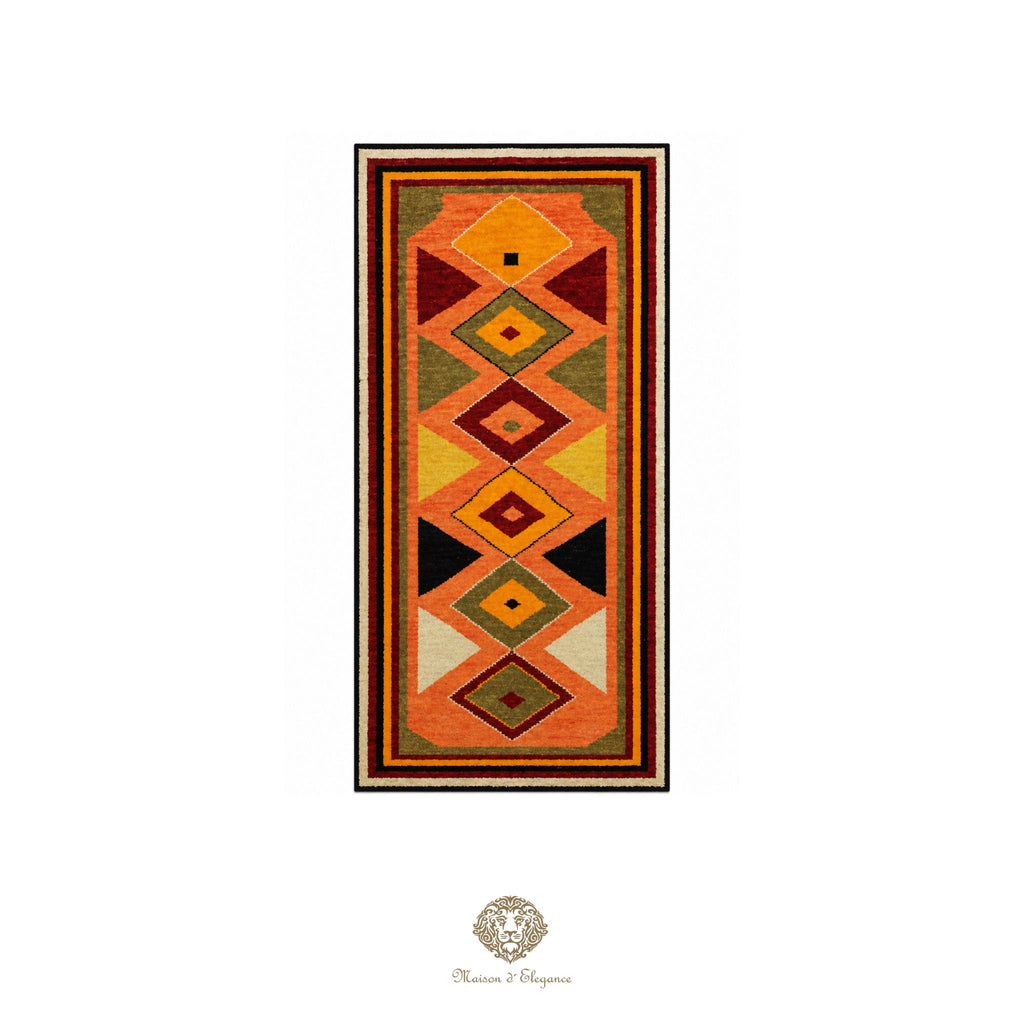 Decorative rug with geometric pattern on a orange background