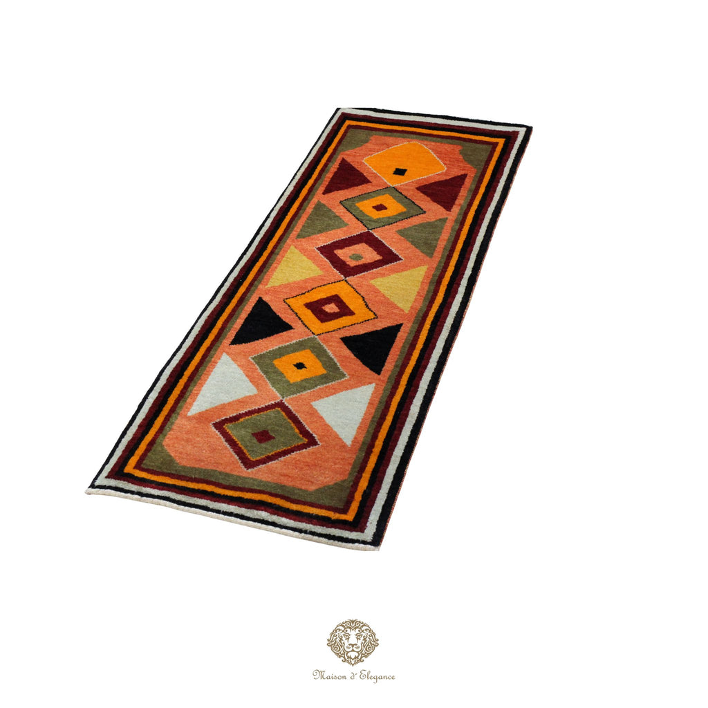 Decorative rug with geometric pattern on a orange background