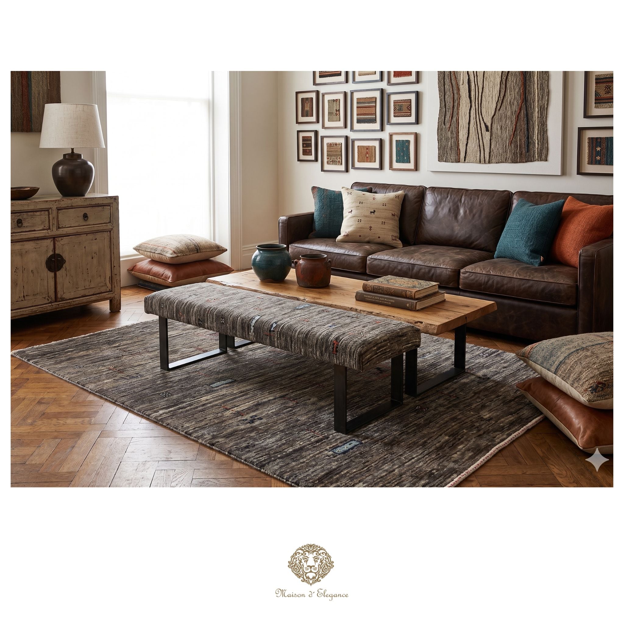 Living room with brown leather sofa, wooden coffee table, and decorative pillows.