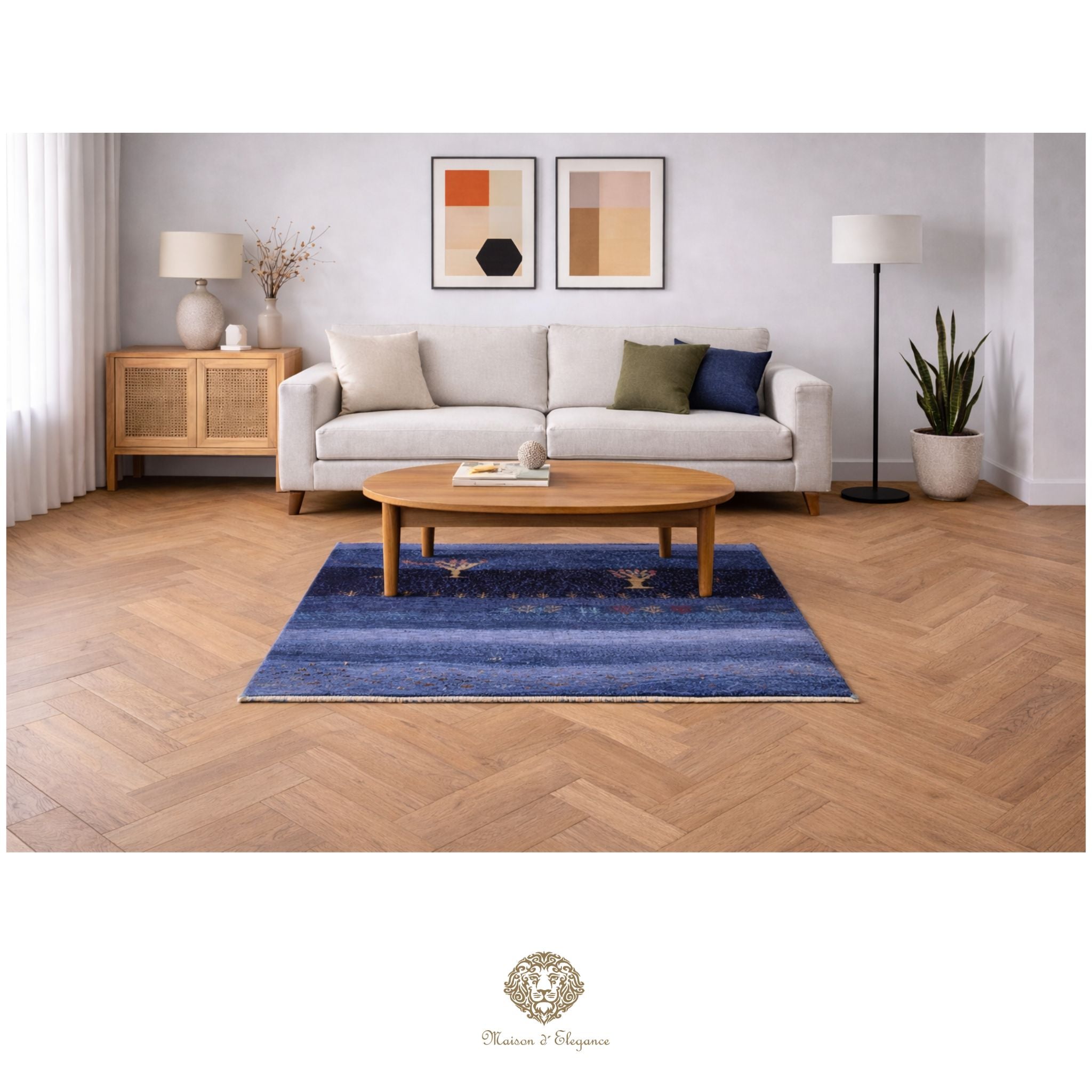 Living room with a beige sofa, wooden coffee table, and blue rug.