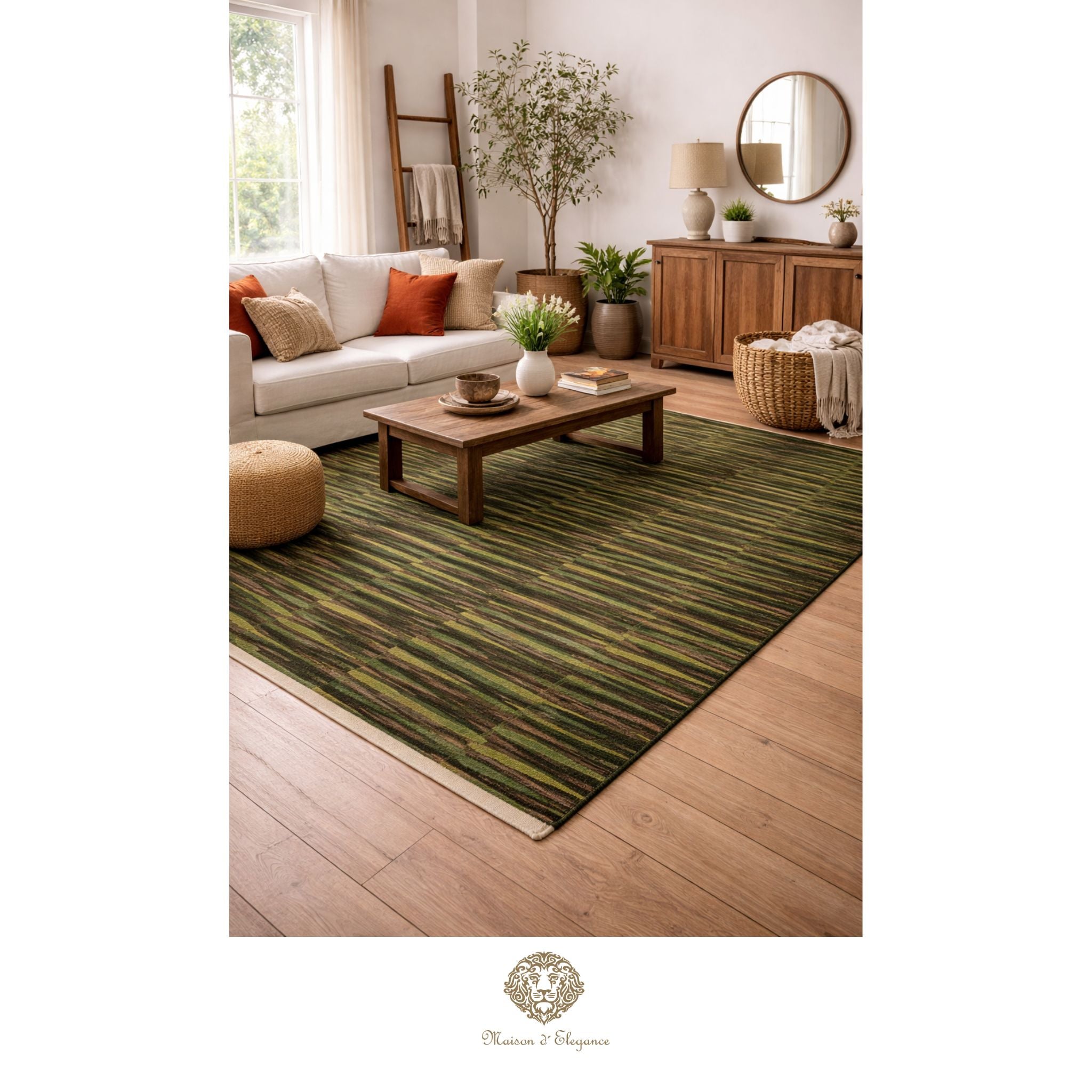 Living room with a green striped rug, beige sofa, and wooden coffee table.