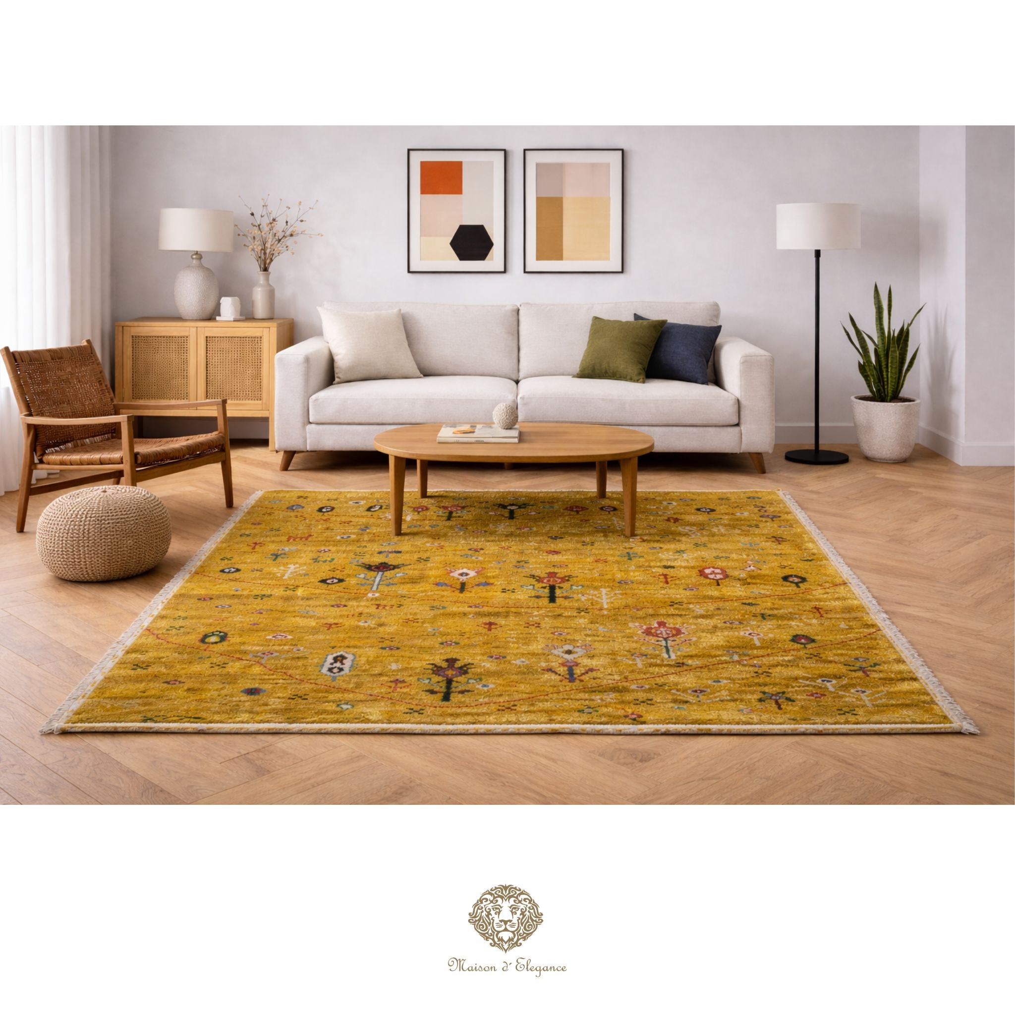 Living room with a yellow patterned rug, beige sofa, and wooden coffee table.