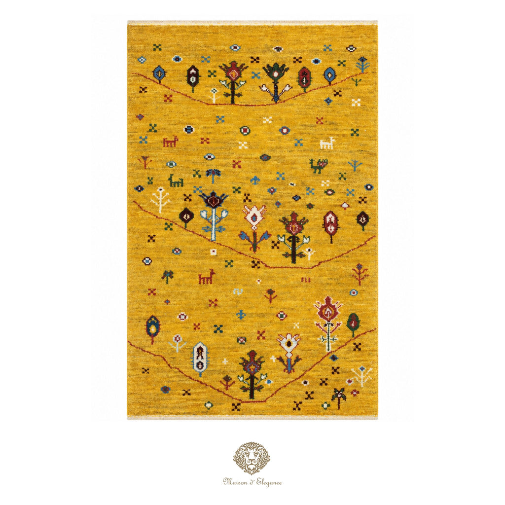 Yellow rug with decorative patterns on a yellow background