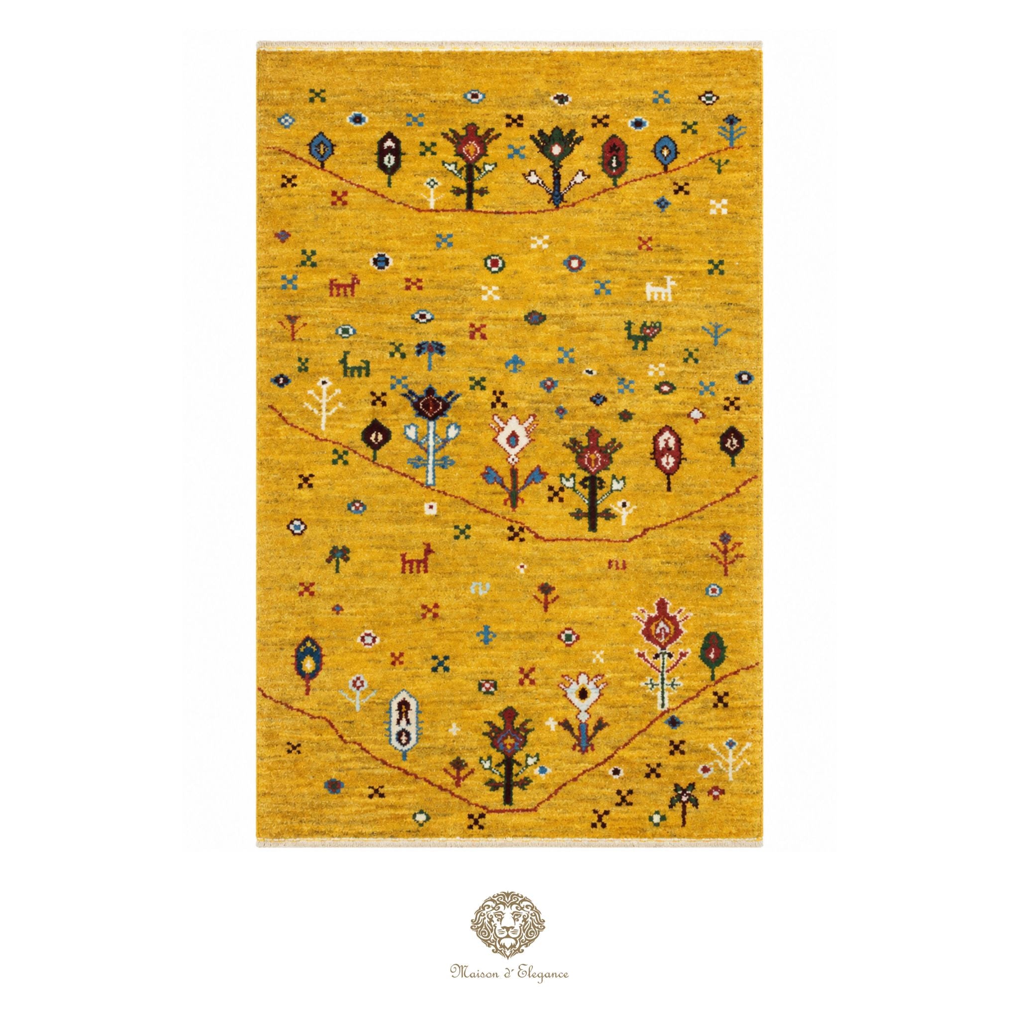 Yellow rug with decorative patterns on a yellow background