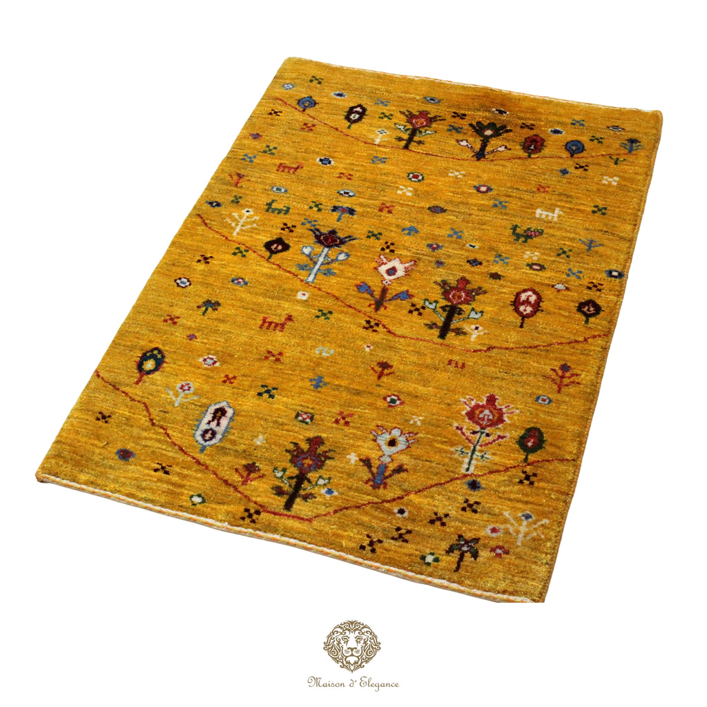 Decorative rug with floral patterns on a mustard yellow background