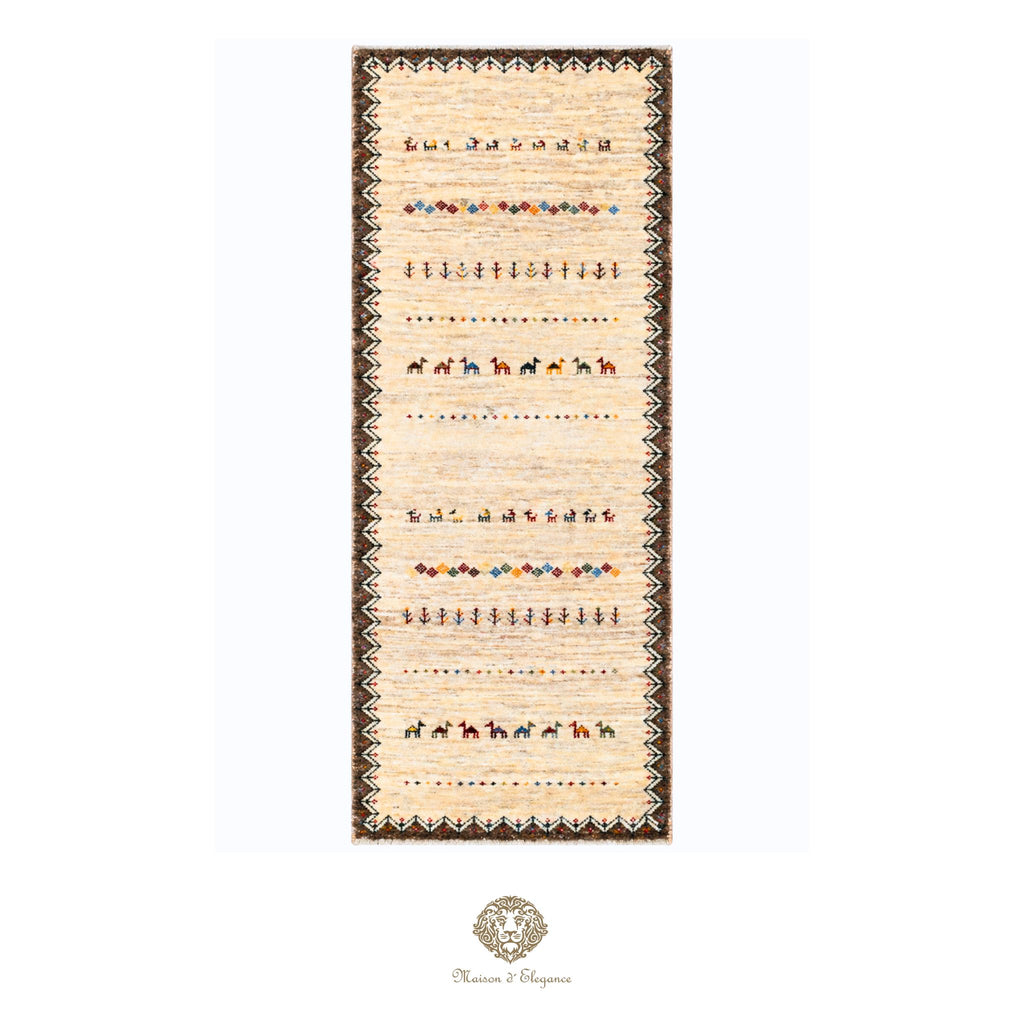 Long, narrow rug with decorative patterns on a white background