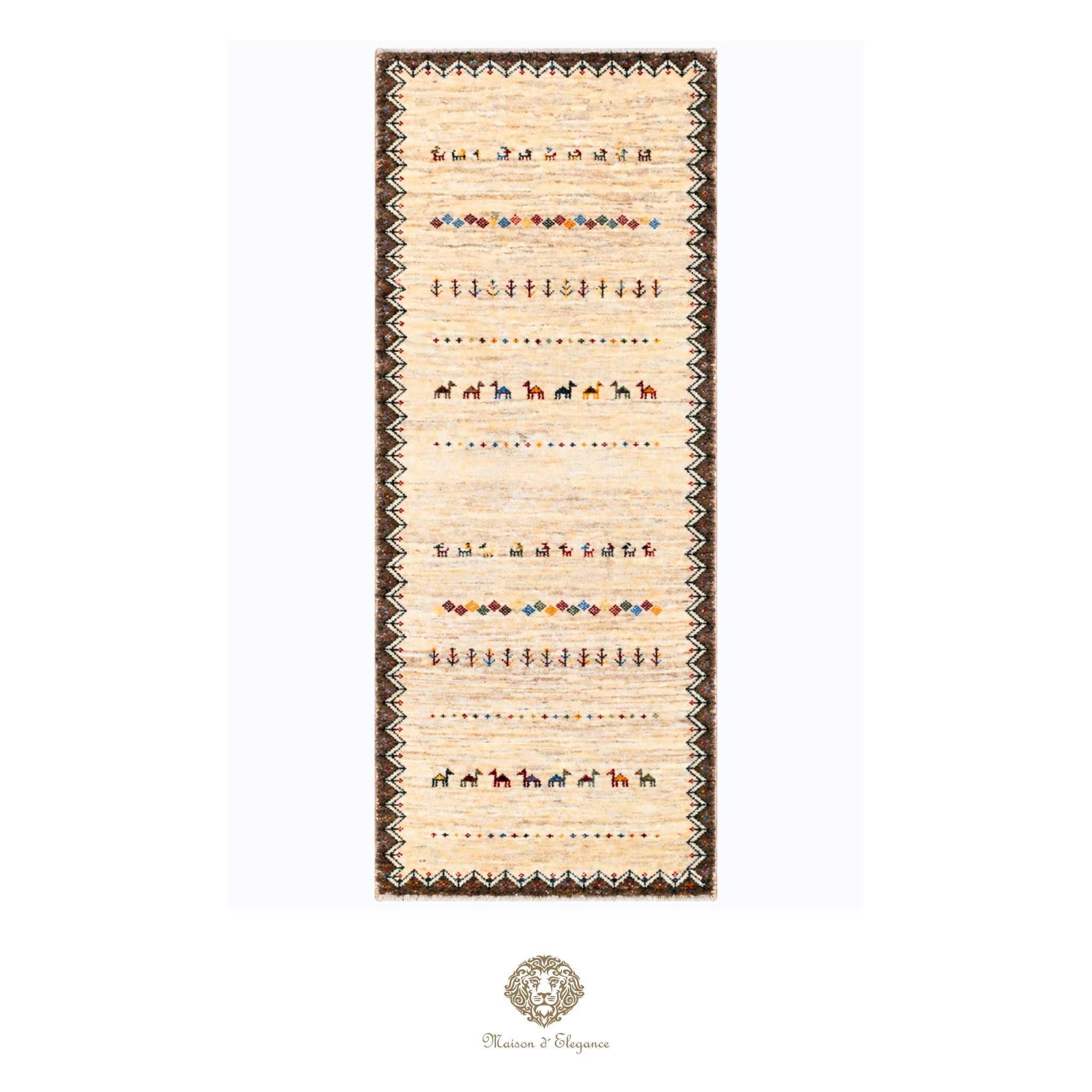 Long, narrow rug with decorative patterns on a white background