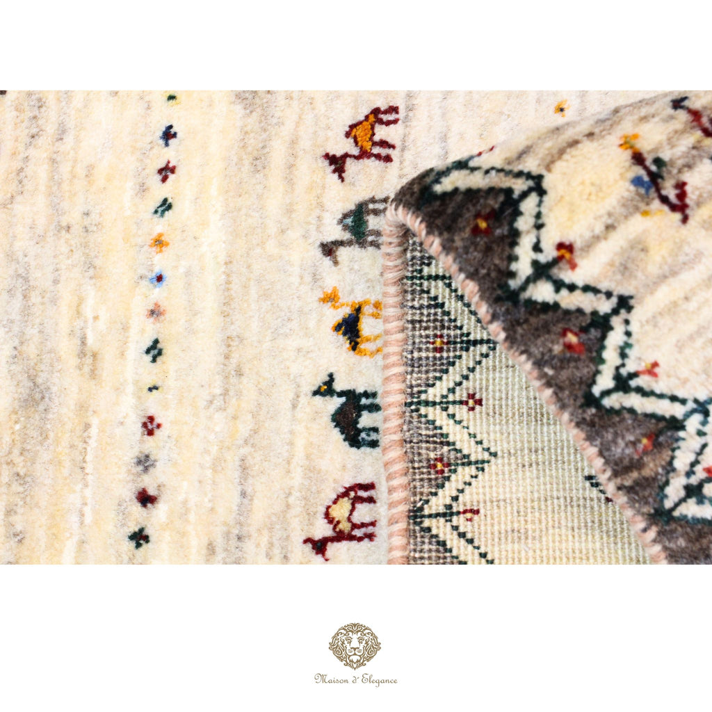Close-up of a textured fabric with geometric patterns and a brand logo in the corner.