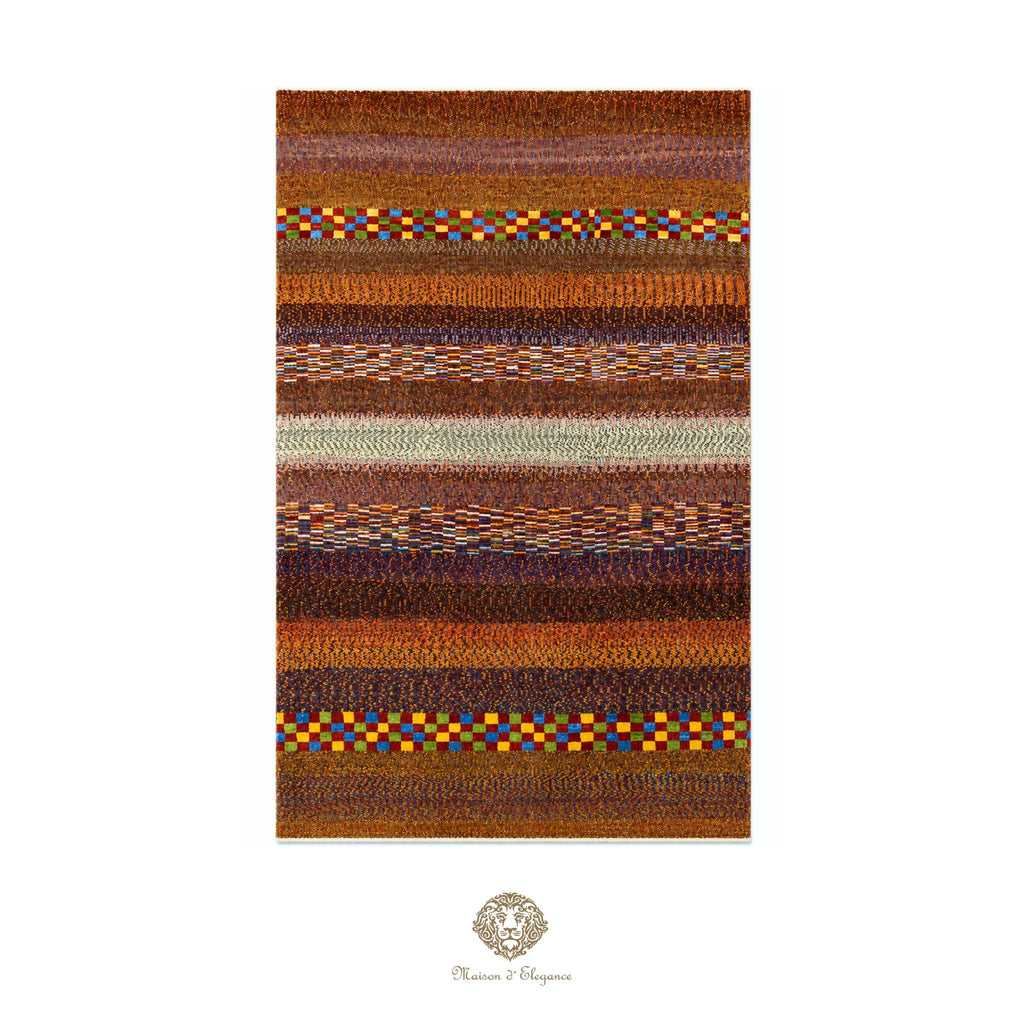 Multicolored striped rug with a geometric pattern on a white background