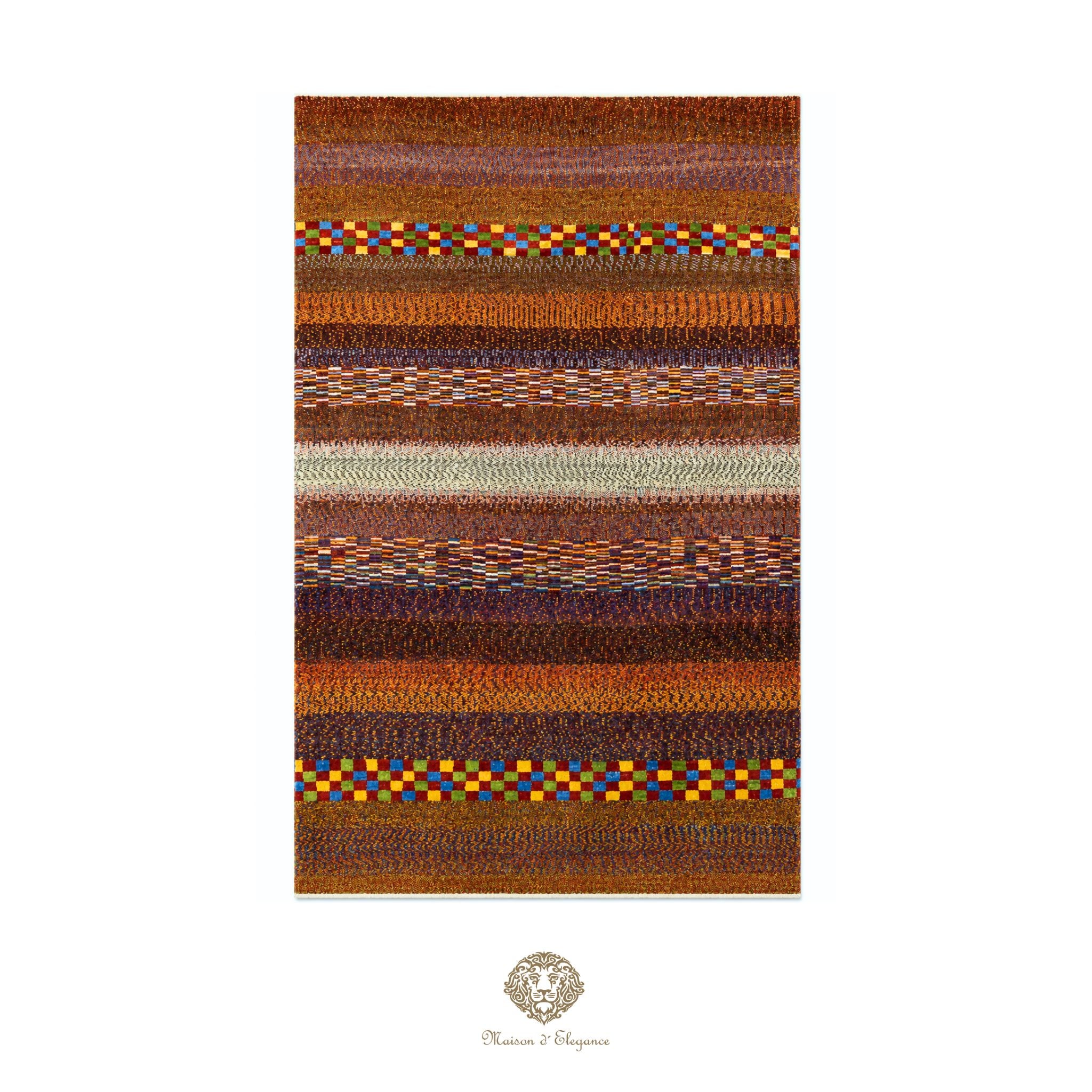 Multicolored striped rug with a geometric pattern on a white background