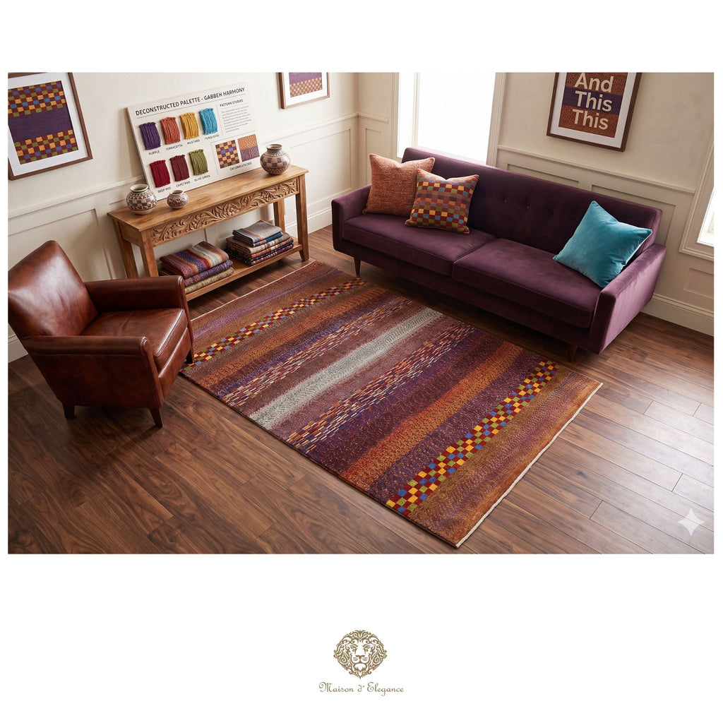 Living room with a purple sofa, brown armchair, and colorful rug.