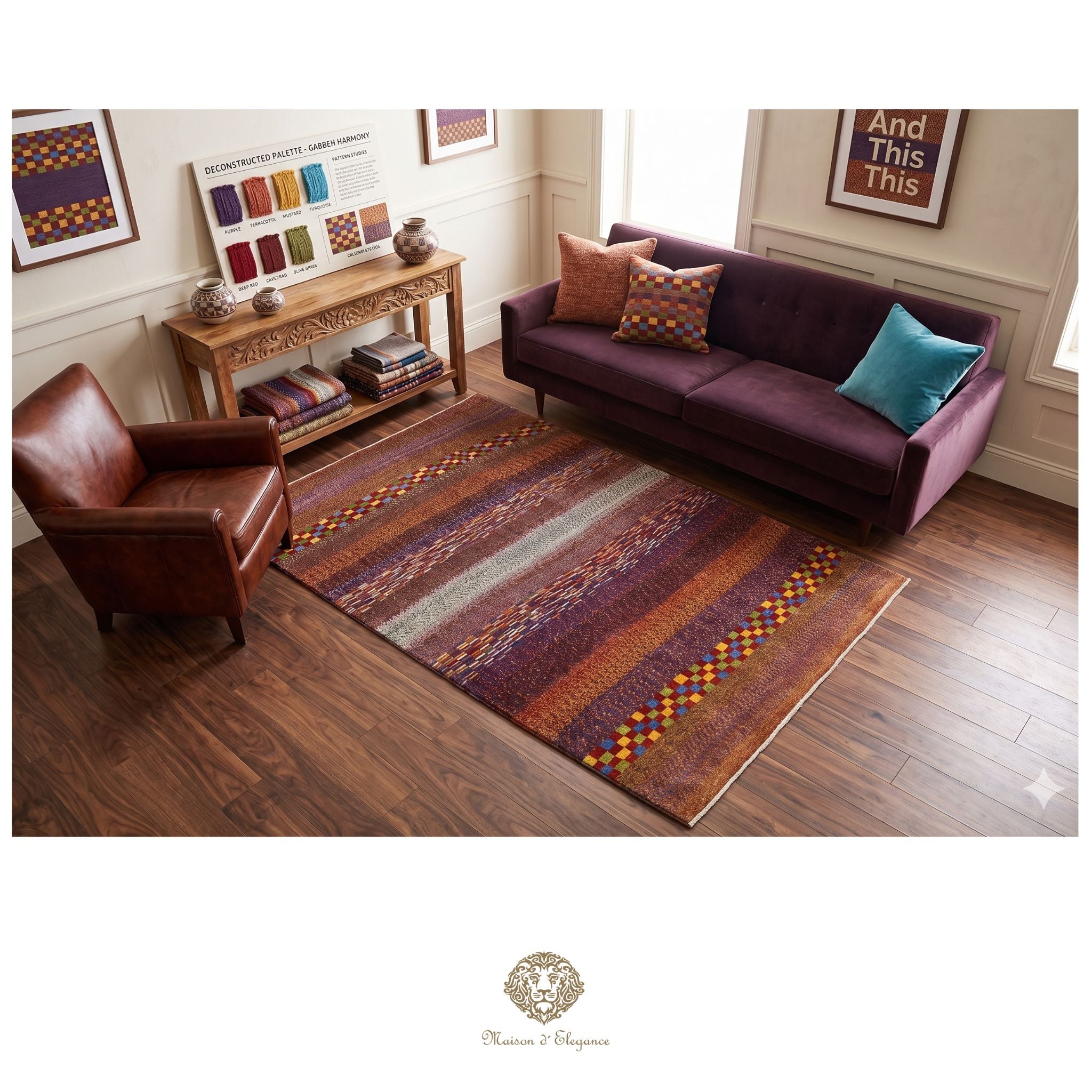 Living room with a purple sofa, brown armchair, and colorful rug.