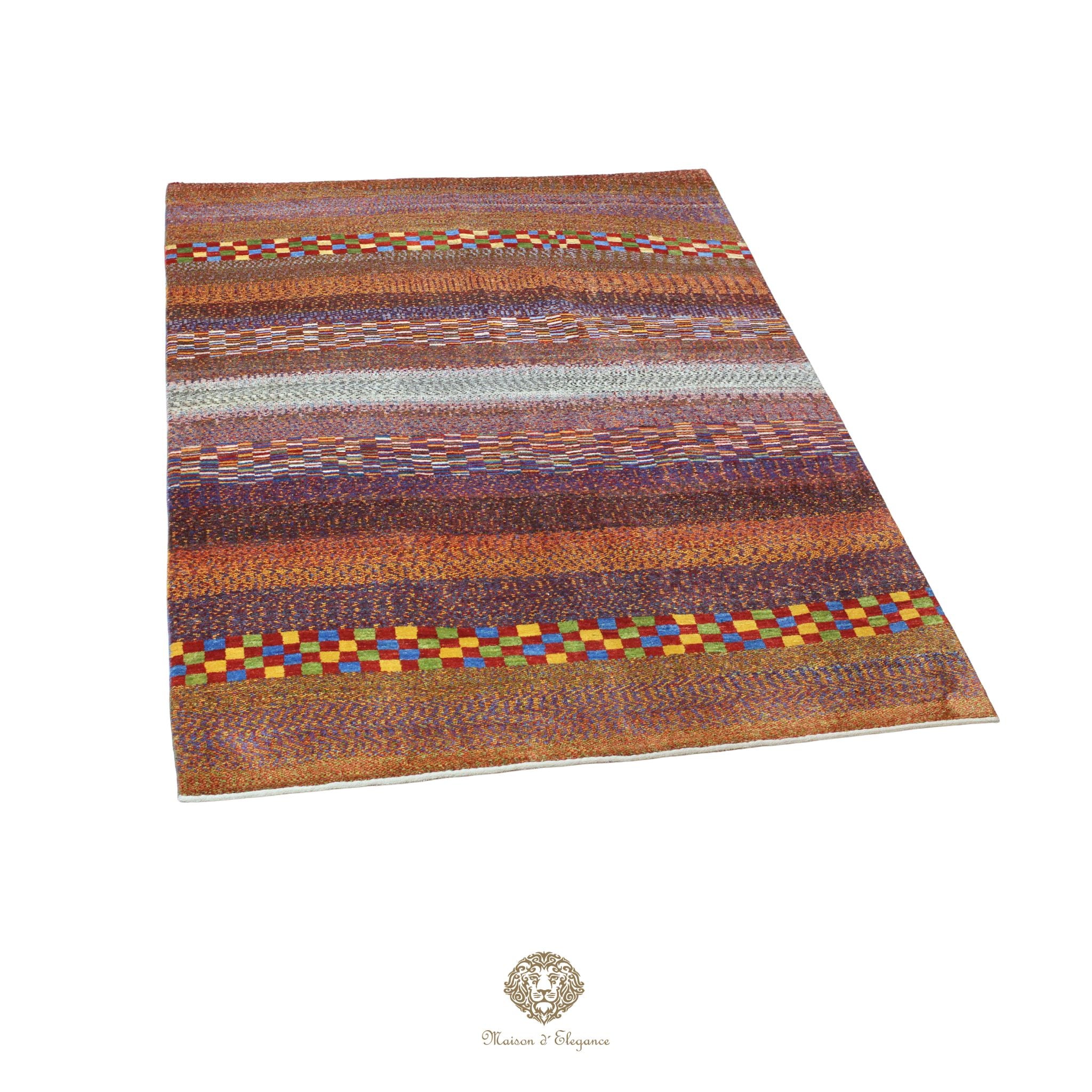 Multicolored striped rug with geometric pattern on a white background