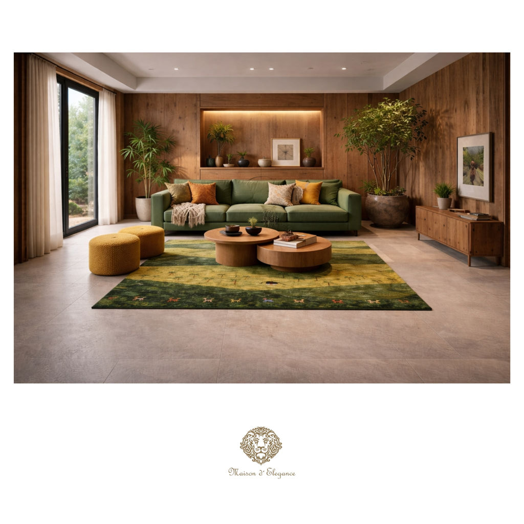 Modern living room with green sofa, round coffee table, and decorative elements.