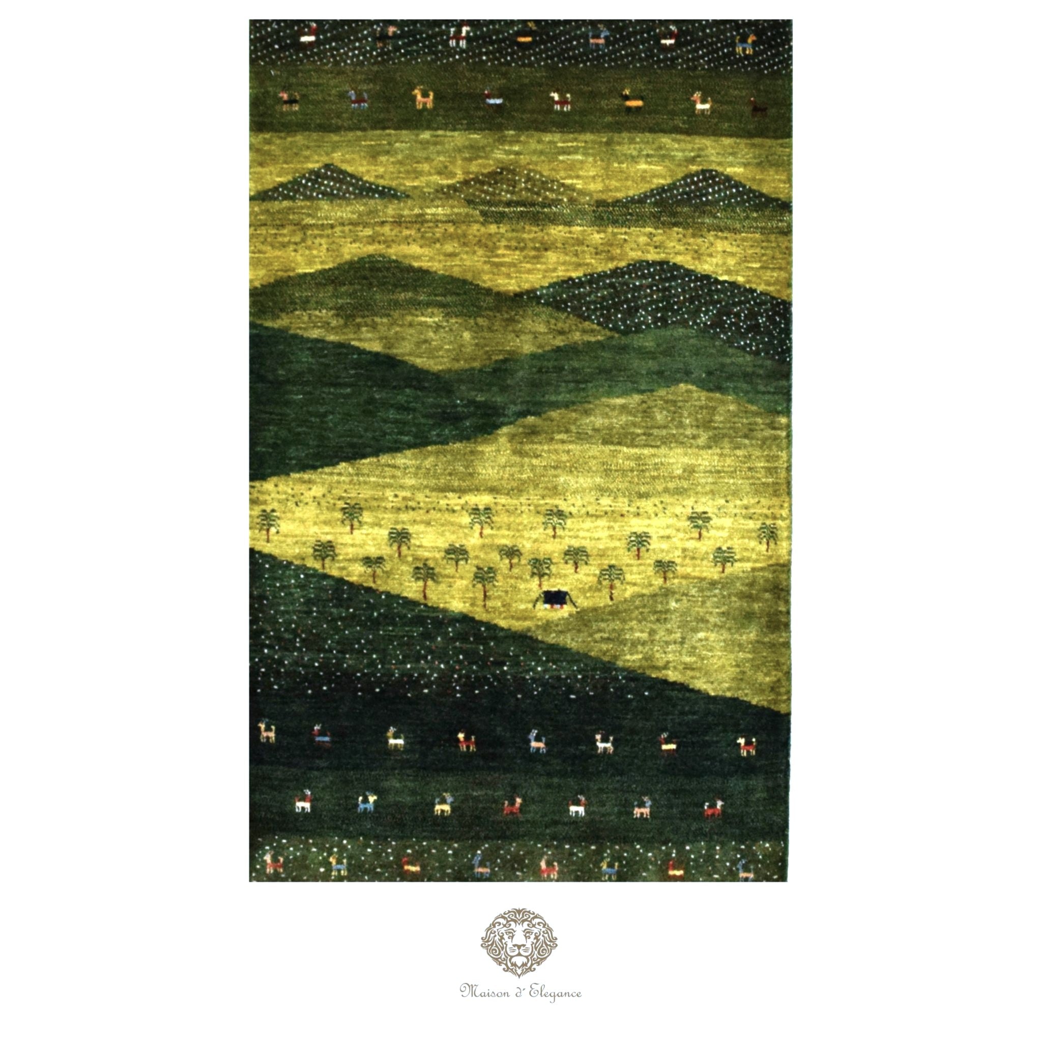 Rug with a landscape design featuring green hills, trees, and animals on a green background.