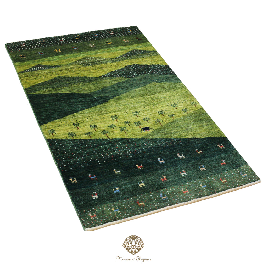 Green and black patterned rug with landscape design on a green background