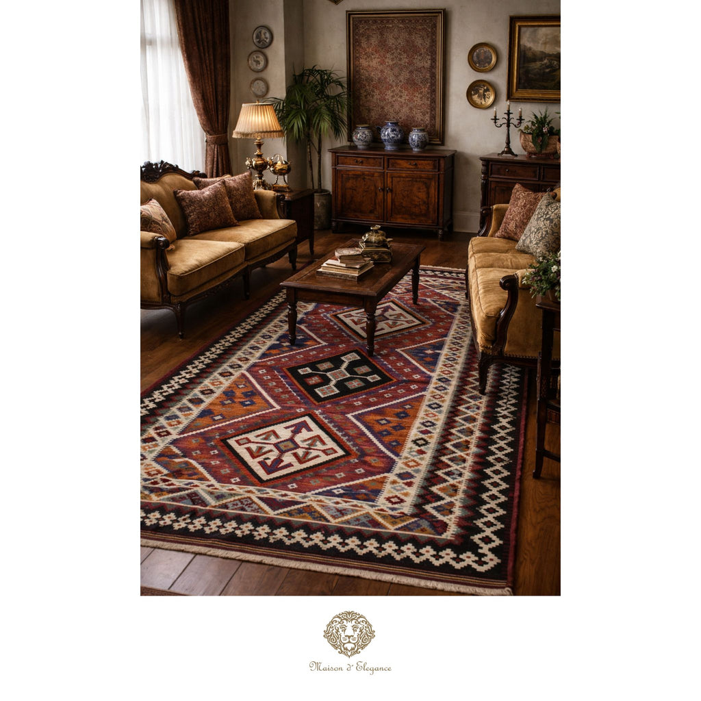 Living room with a patterned rug, wooden furniture, and decorative items.