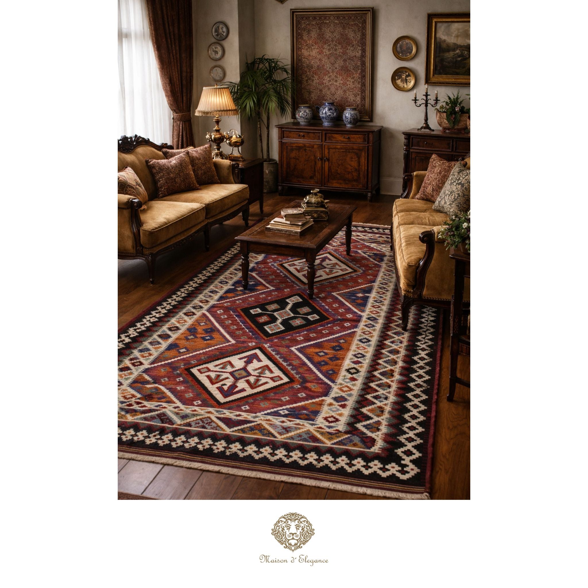 Living room with a patterned rug, wooden furniture, and decorative items.