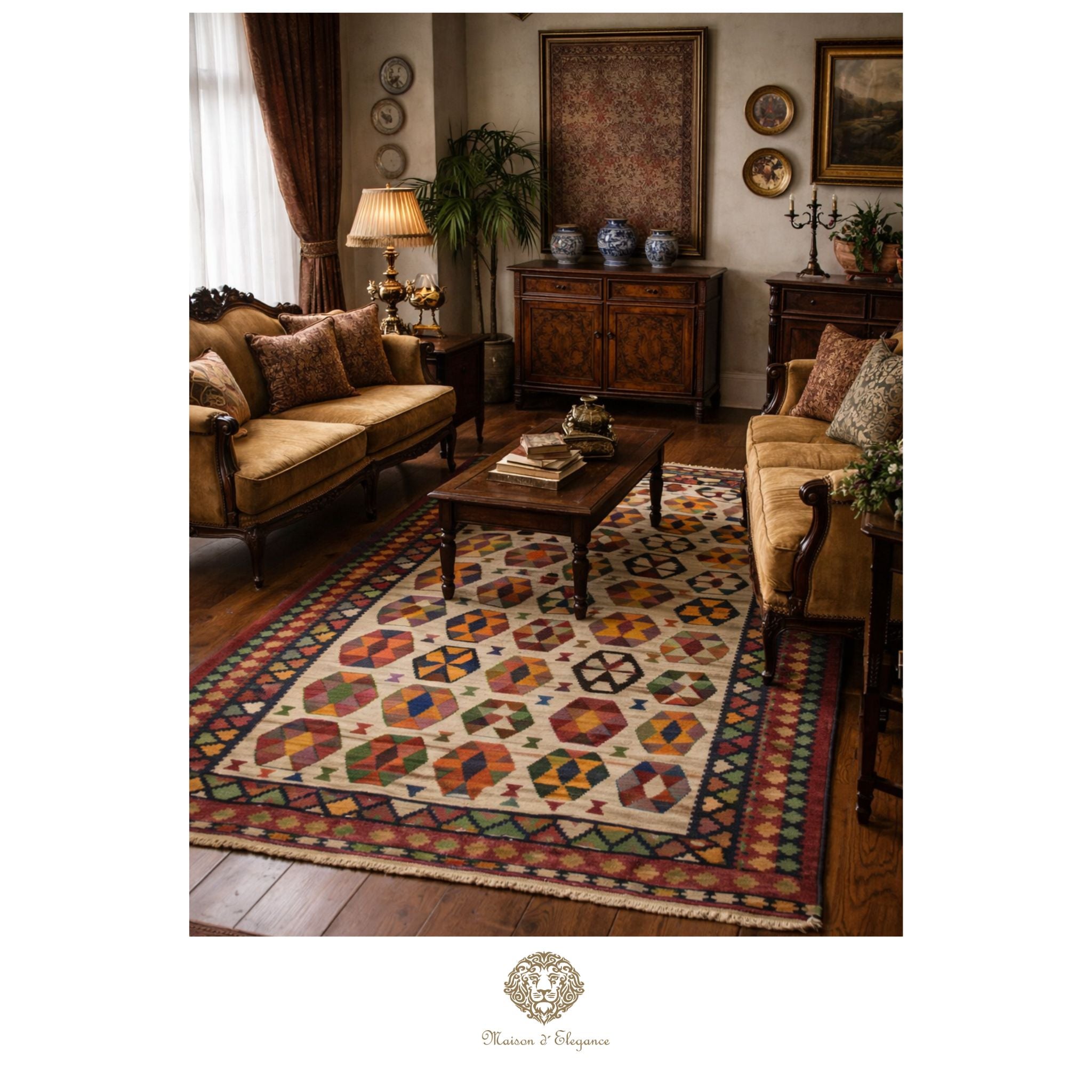 Living room with a patterned rug, wooden furniture, and decorative elements.