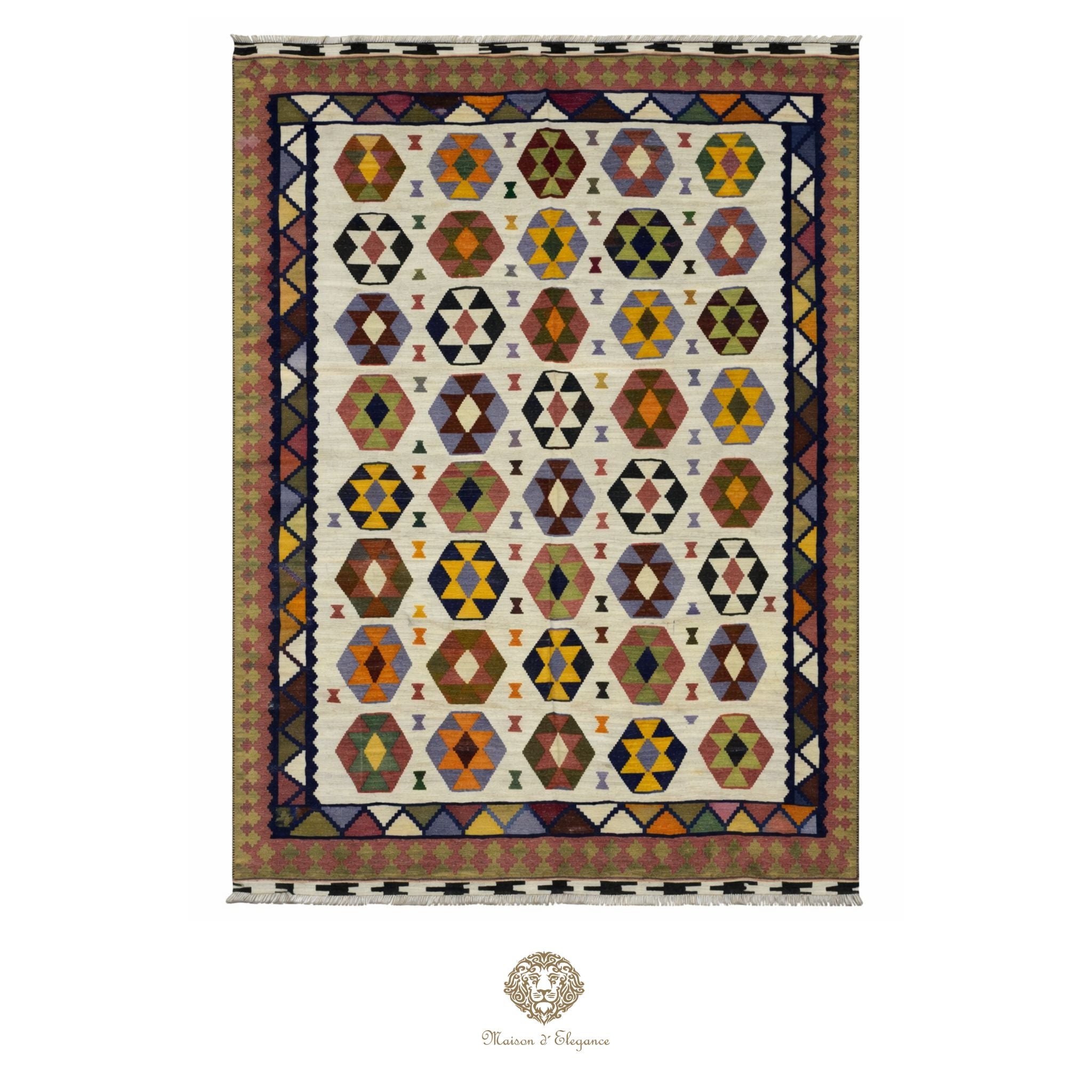 Geometric patterned rug with multicolor hexagonal design on a white background