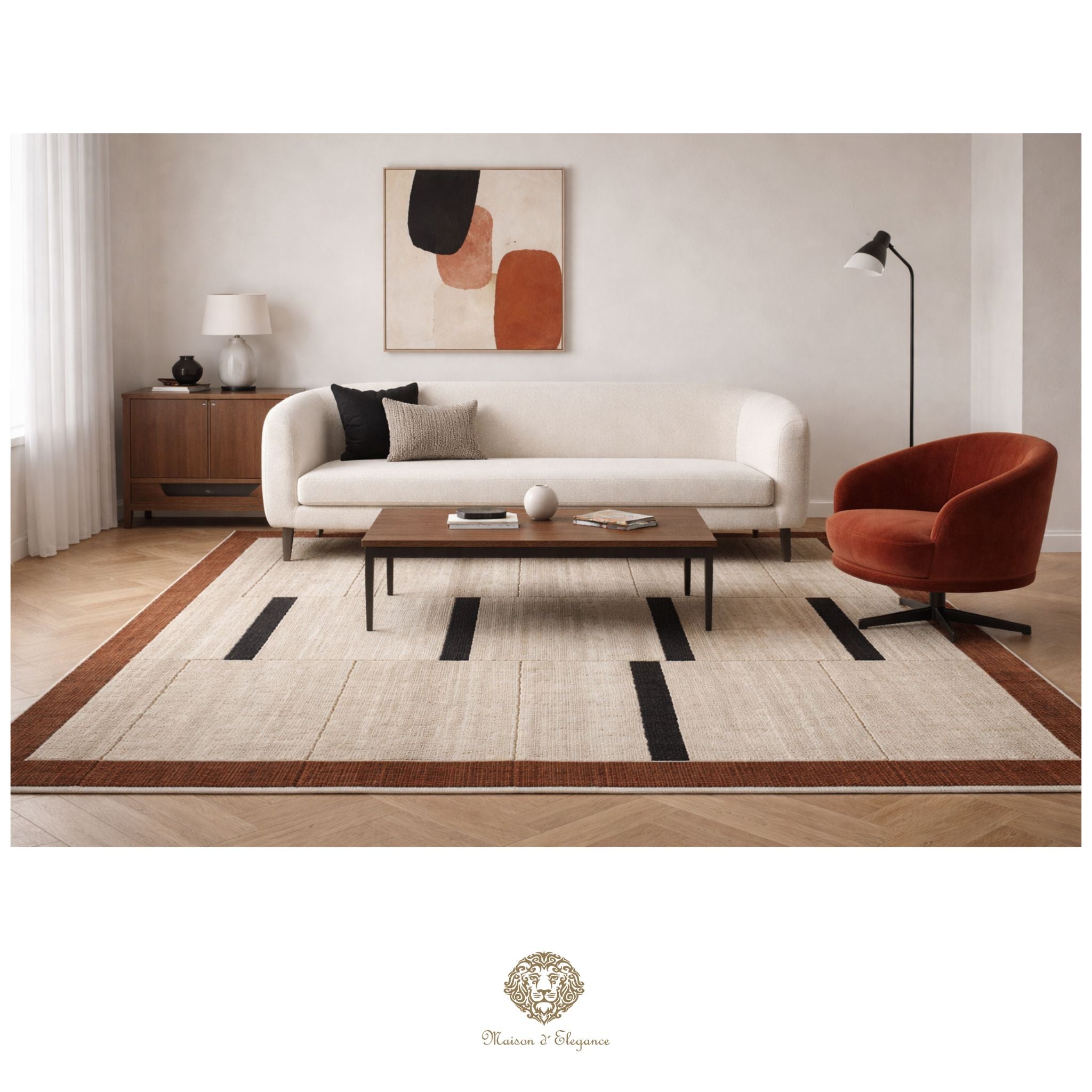 Modern living room with a white sofa, red armchair, and abstract art on the wall.