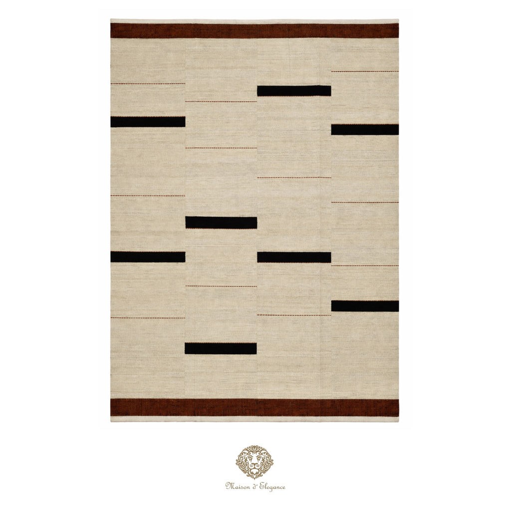 Beige rug with black rectangular patterns and brown border on a white background