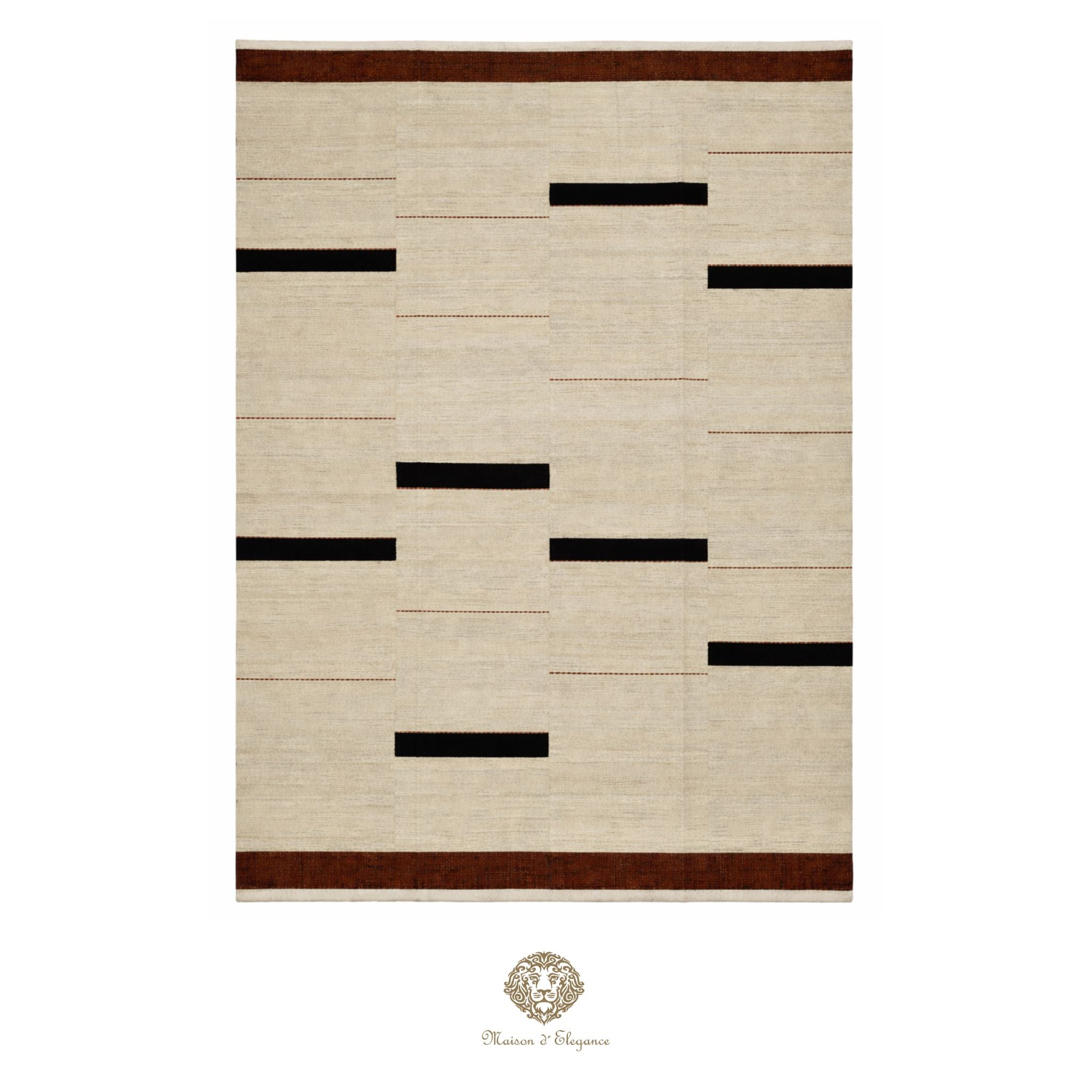 Beige rug with black rectangular patterns and brown border on a white background
