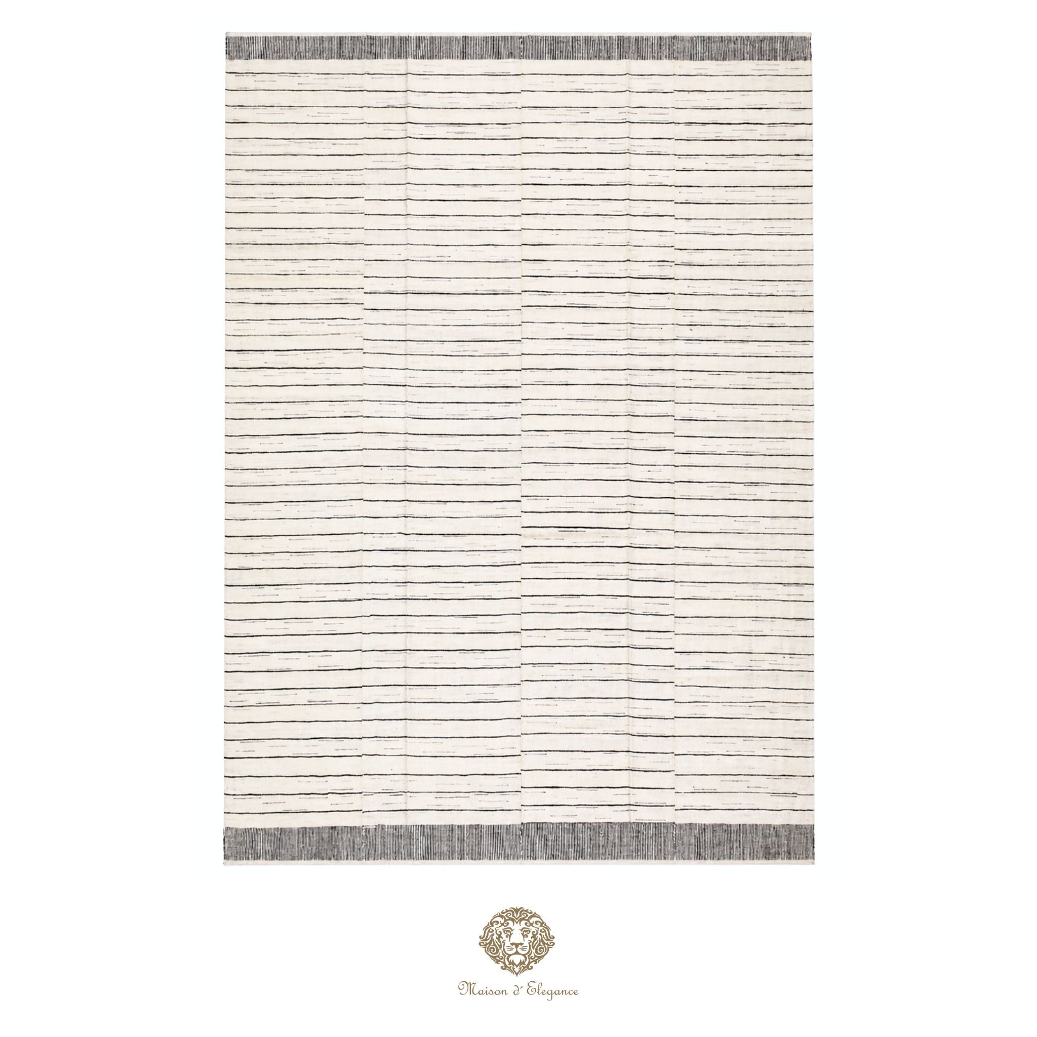 Striped rug with a brand logo at the bottom right corner on a white background