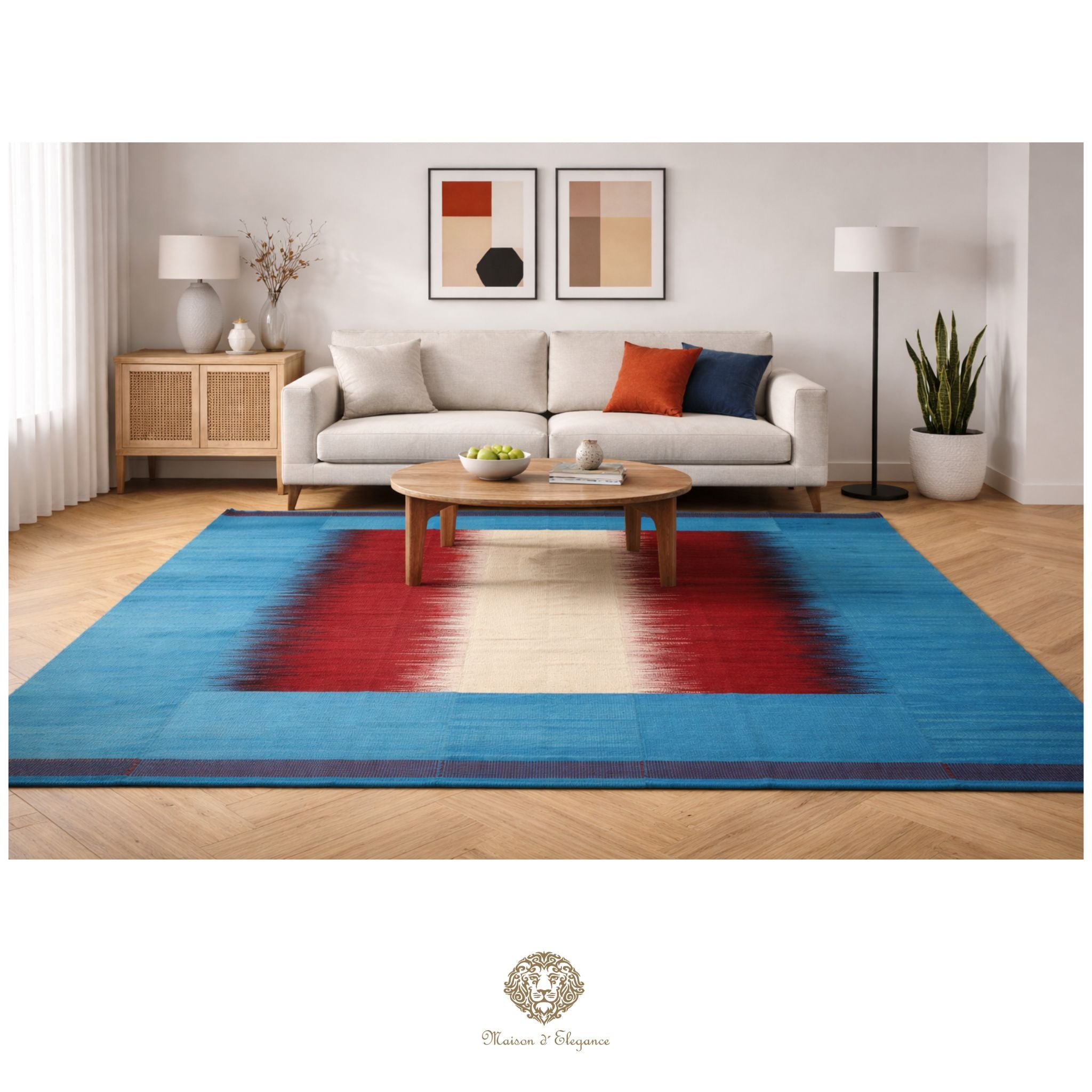Living room with a colorful rug, sofa, and coffee table.