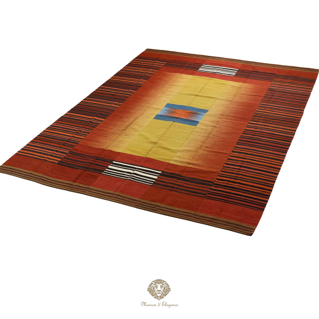 Decorative rug with a geometric pattern on a colorful background
