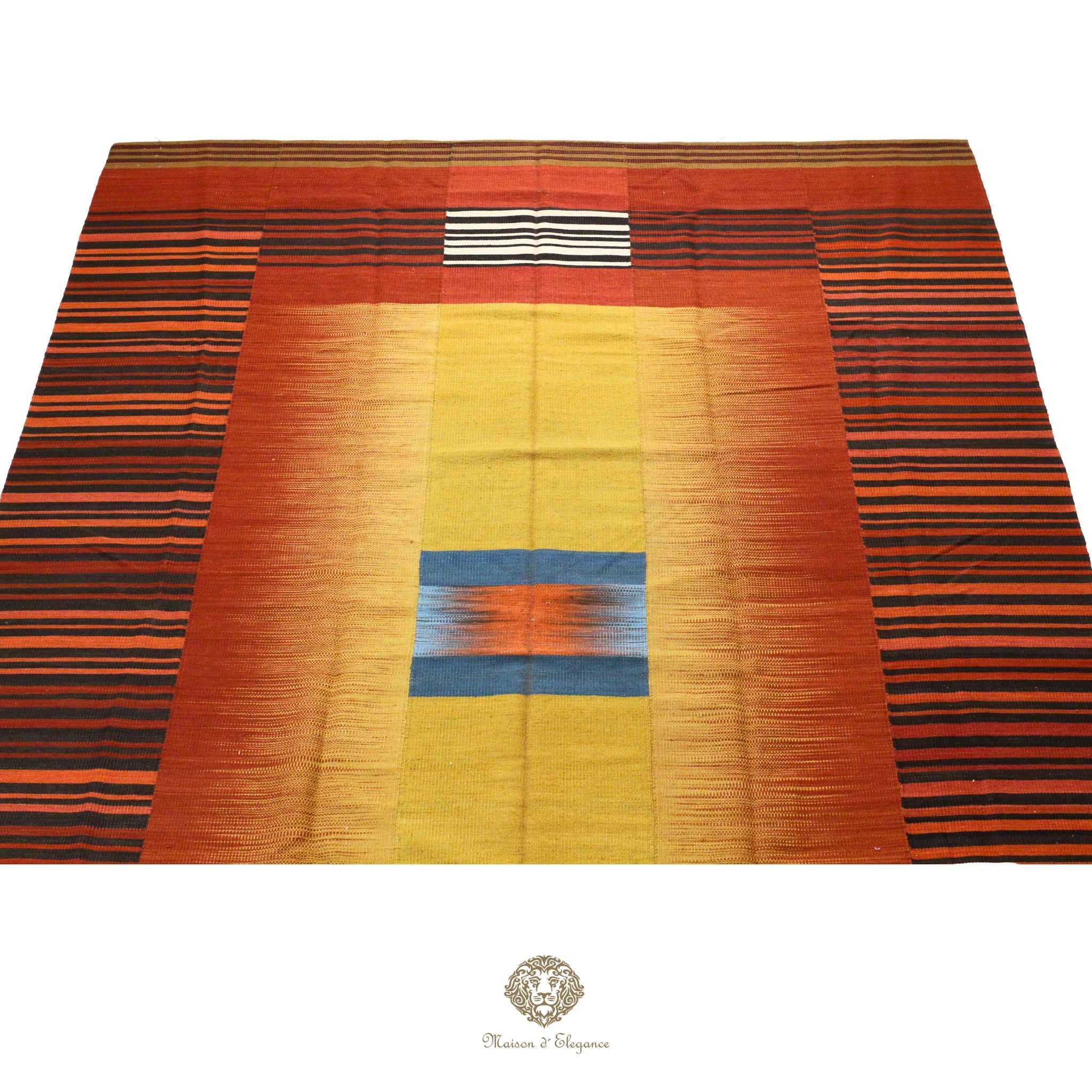 Colorful woven fabric with horizontal stripes on a orange background
