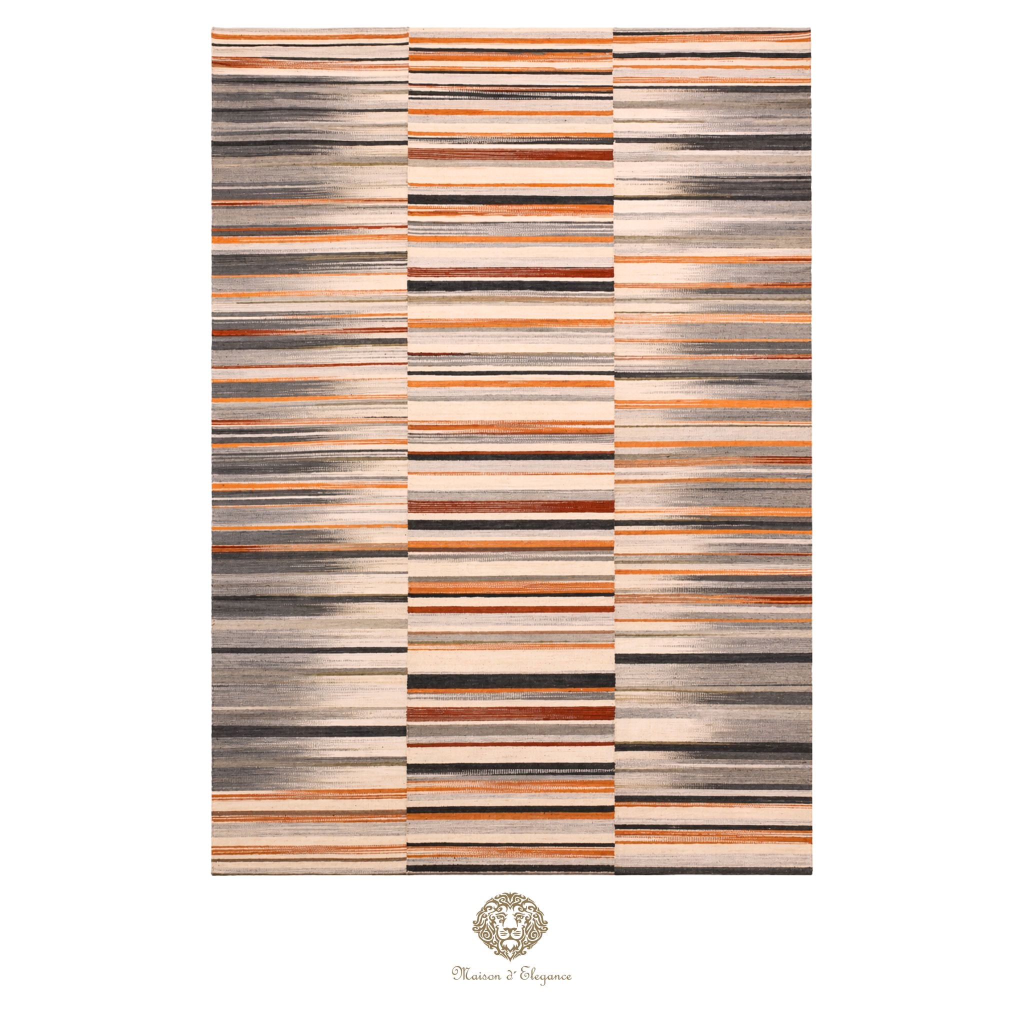 Striped area rug with brown, beige, and orange colors on a colorful background