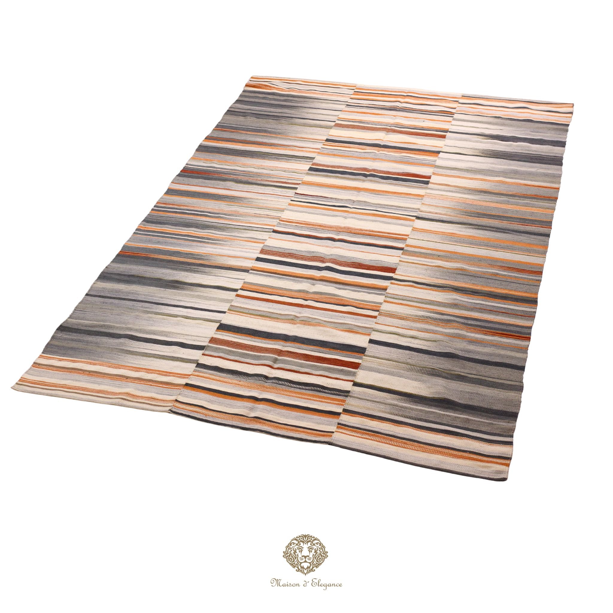 Striped area rug with brown and beige pattern on a colorful background