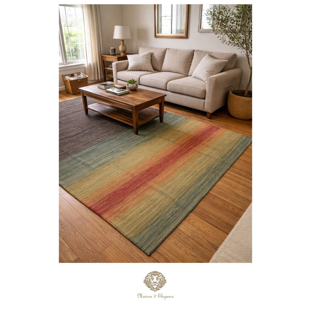 Living room with a colorful striped rug, beige sofa, and wooden coffee table.