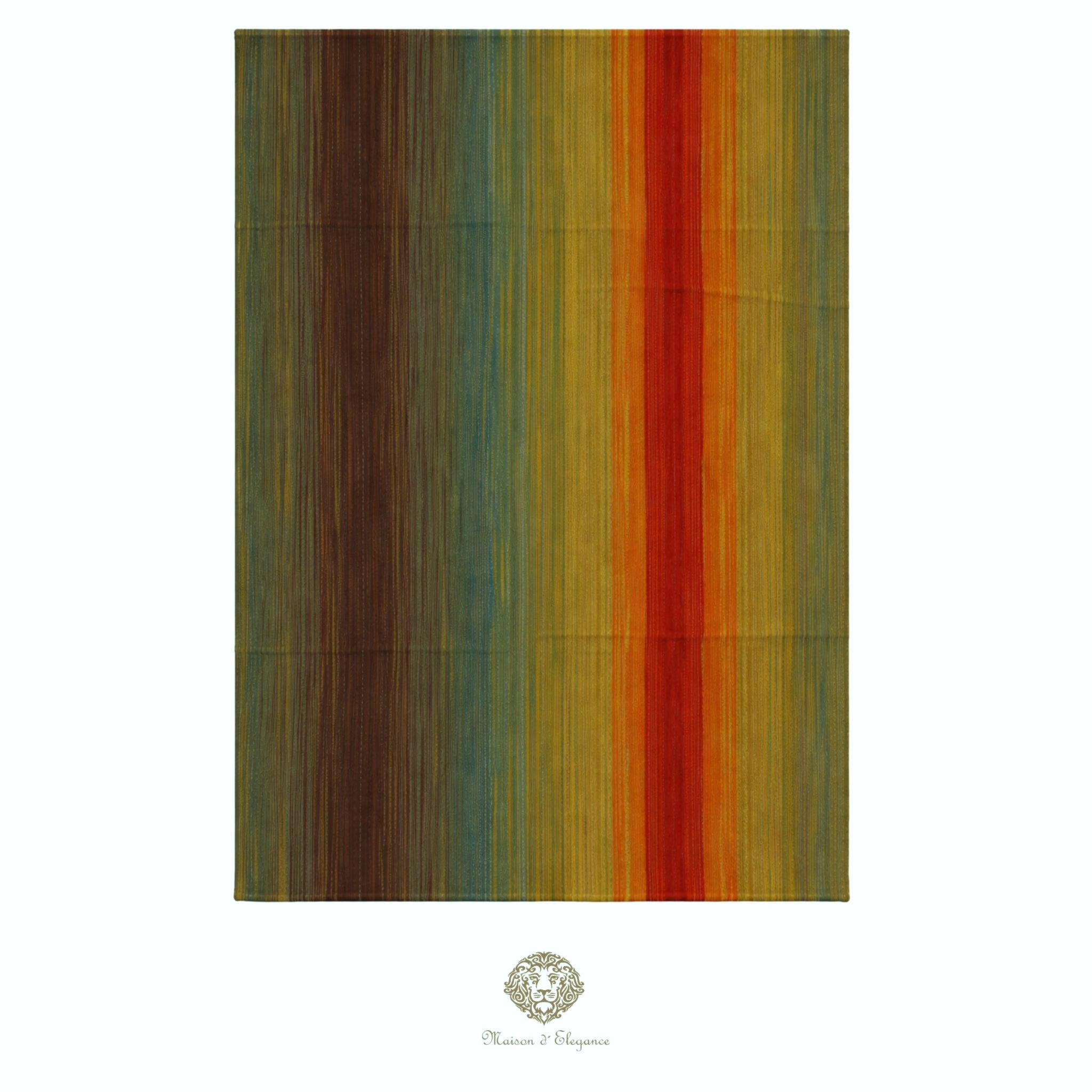 Multicolored striped rug with a brand logo at the bottom right corner on a white background
