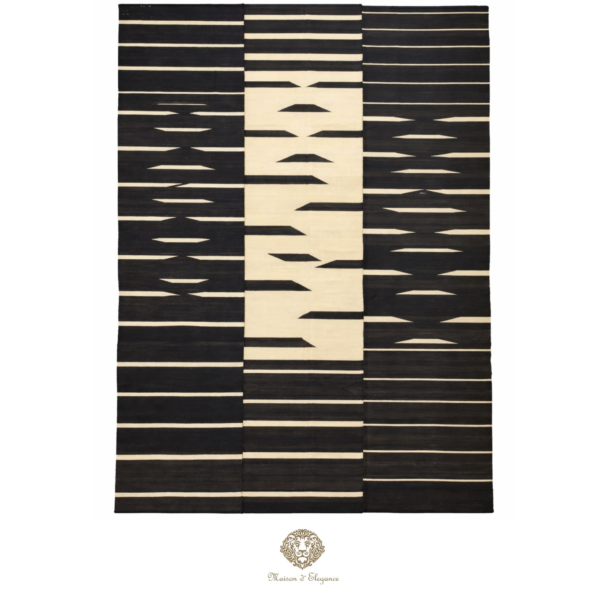 Black and beige patterned rug with a brand logo at the bottom.