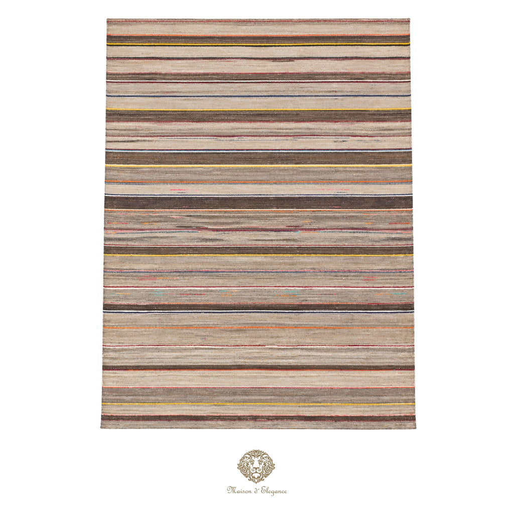 Striped area rug with multicolor pattern on a khaki background
