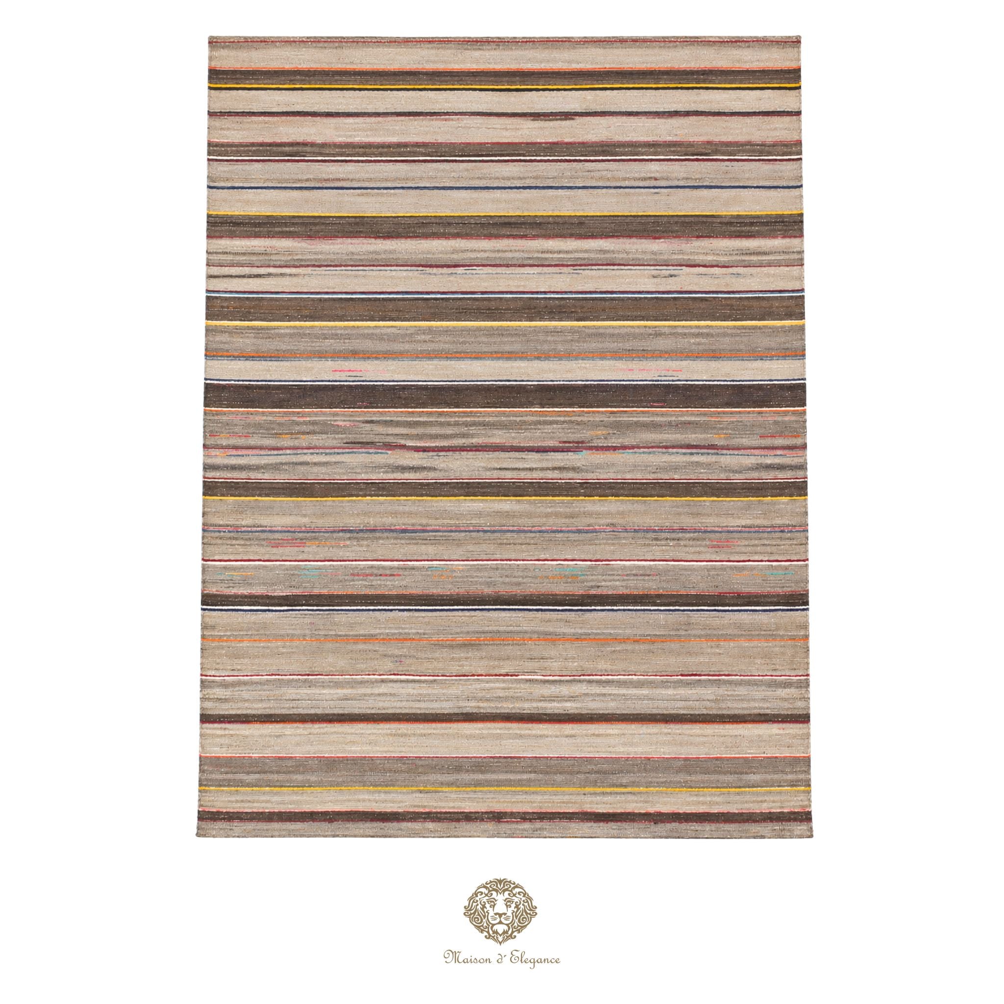 Striped area rug with multicolor pattern on a khaki background