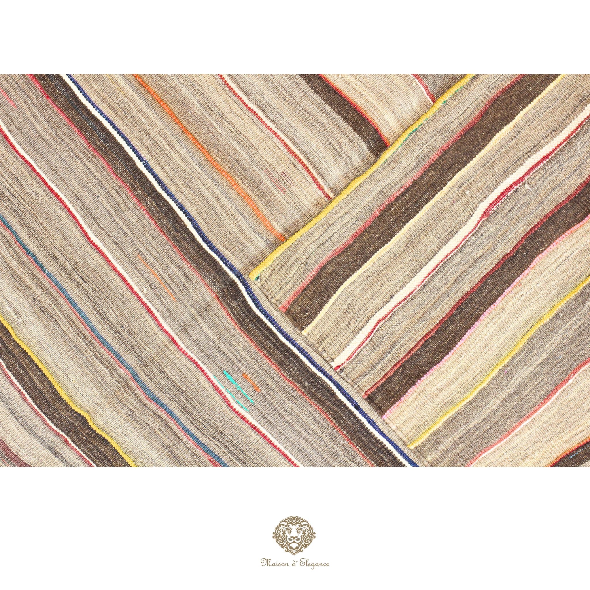 Patterned fabric with multicolor stripes on a brown background