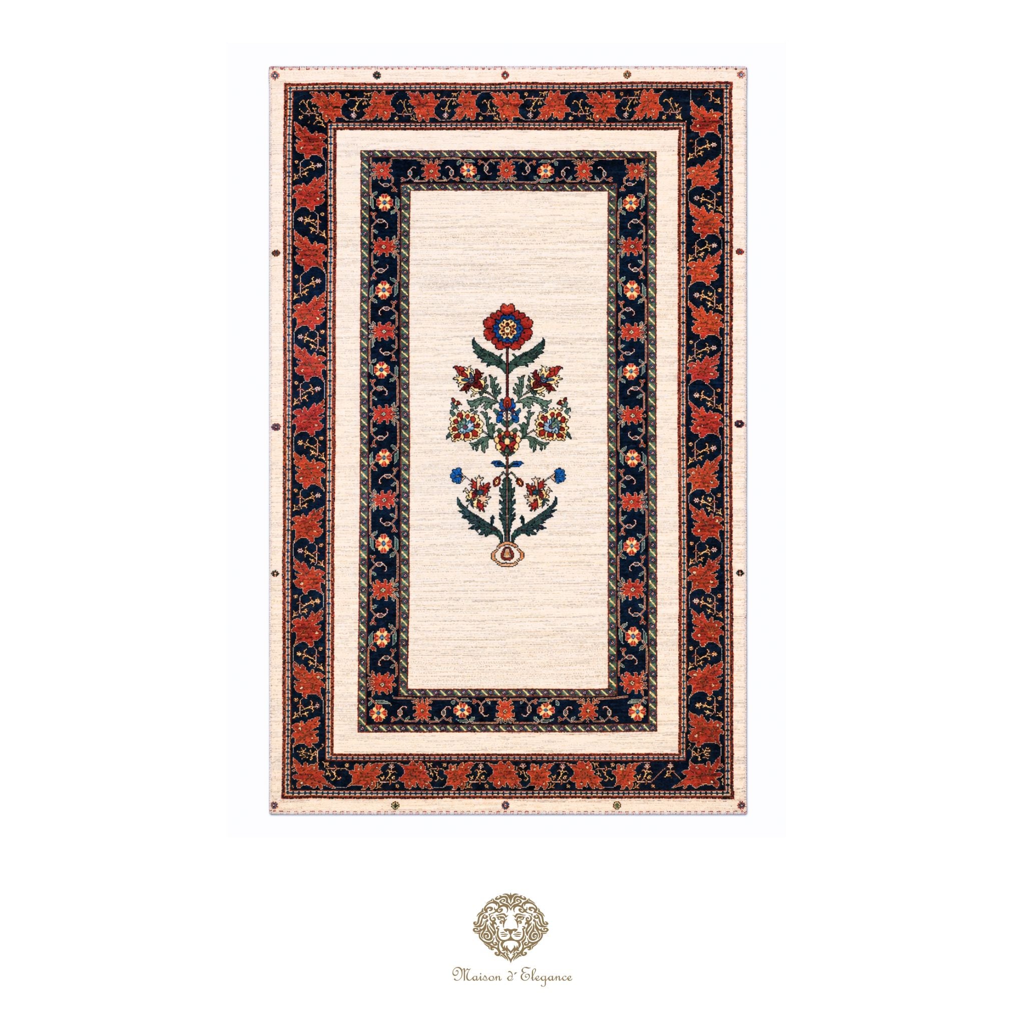 Decorative rug with floral design and intricate border on a white background