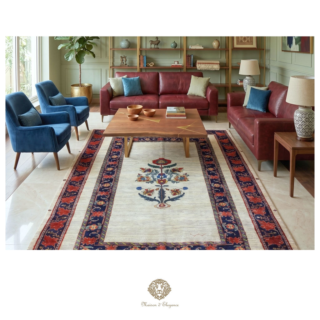 Living room with red leather sofas, blue armchairs, and a patterned rug.