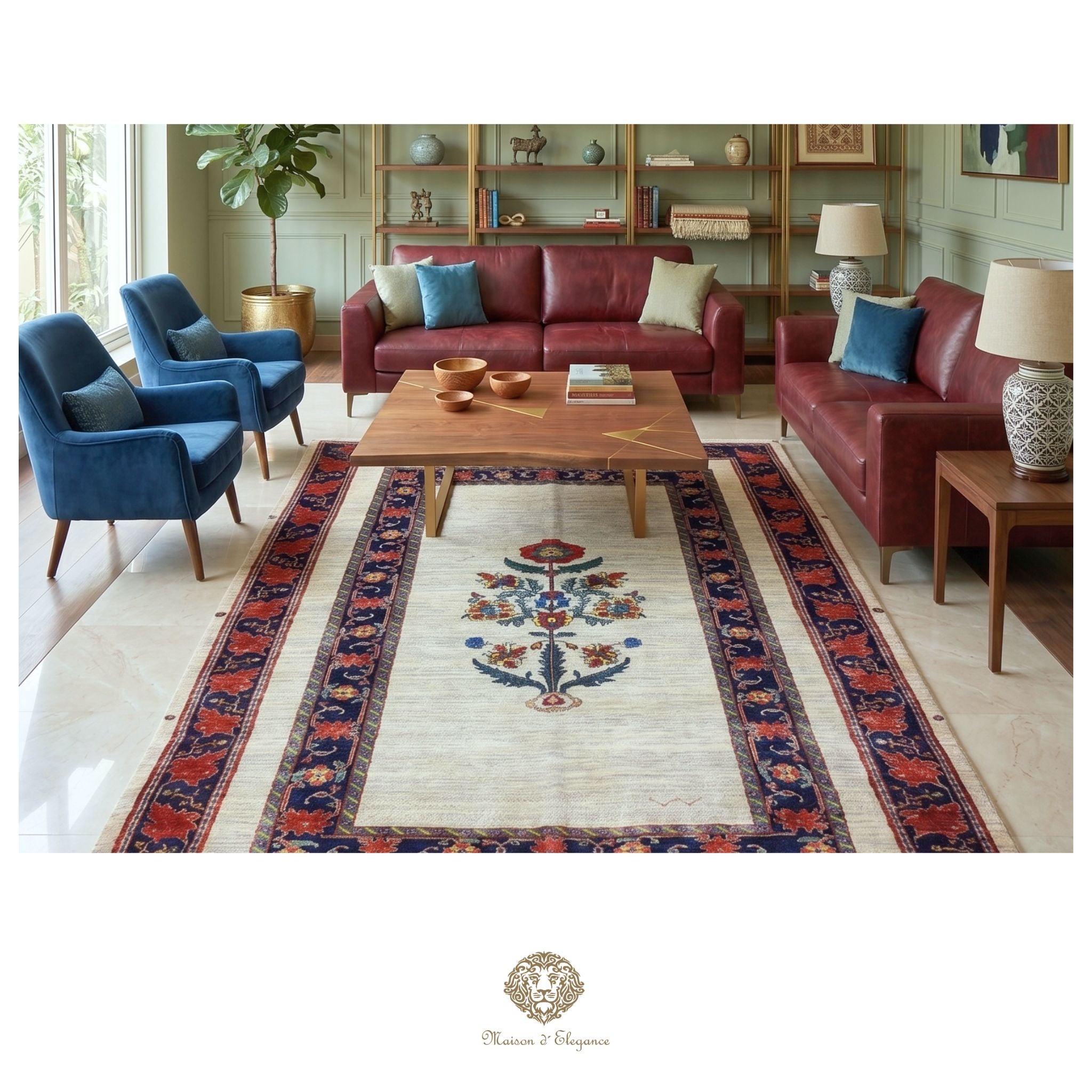 Living room with red leather sofas, blue armchairs, and a patterned rug.