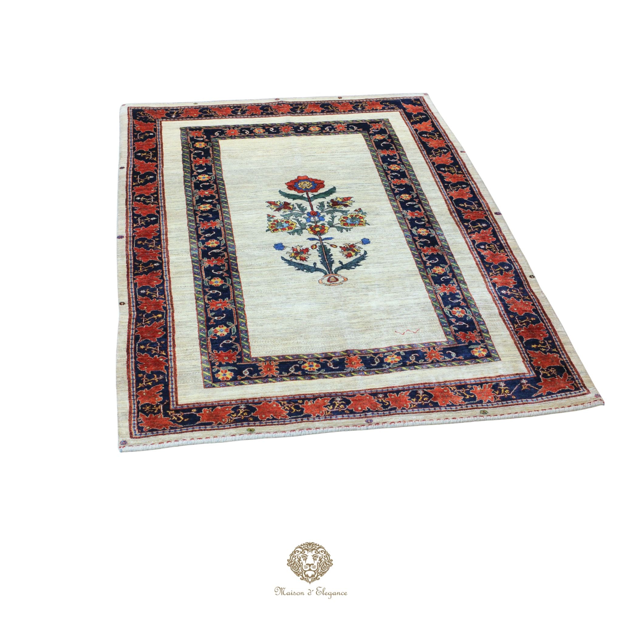 Decorative rug with floral design and colorful border on a white background