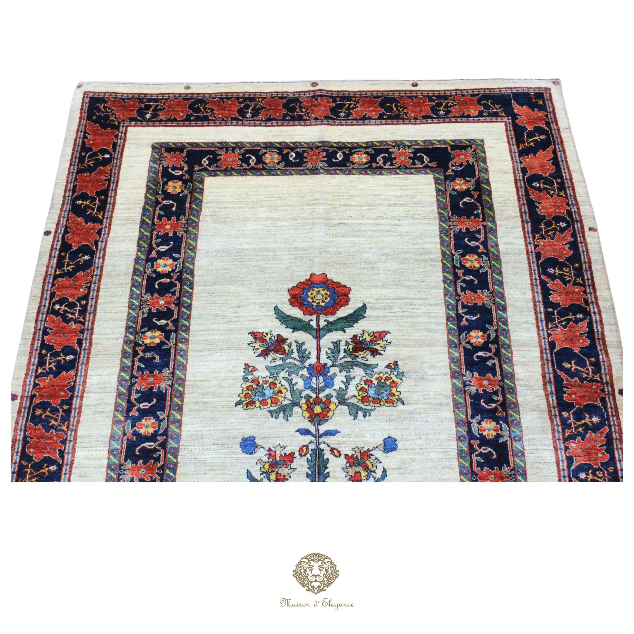 Decorative rug with floral patterns and a border on a white background