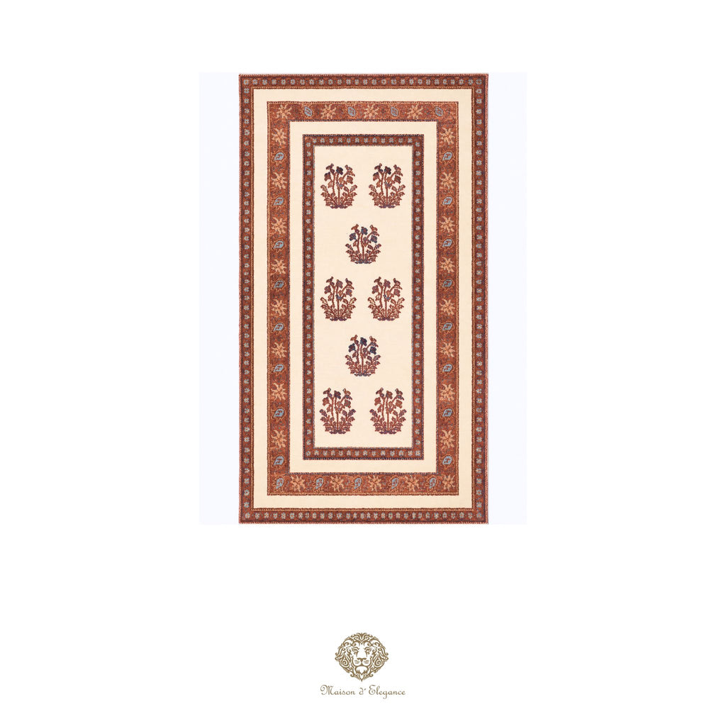 Decorative rug with intricate patterns on a white background