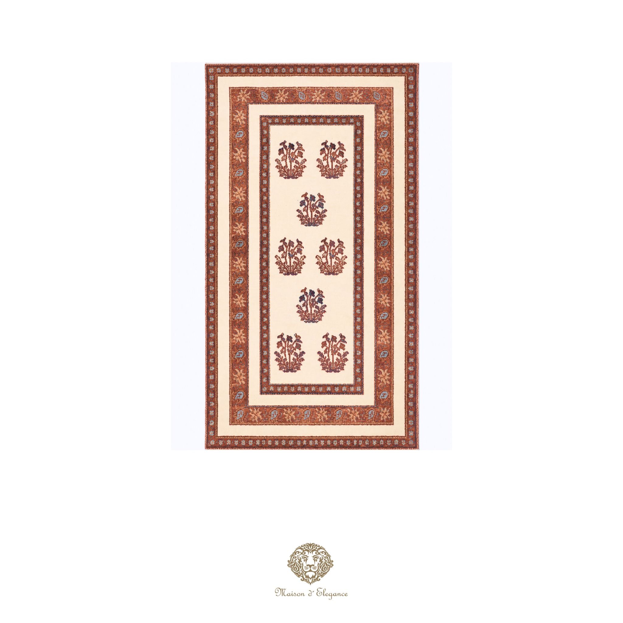 Decorative rug with intricate patterns on a white background