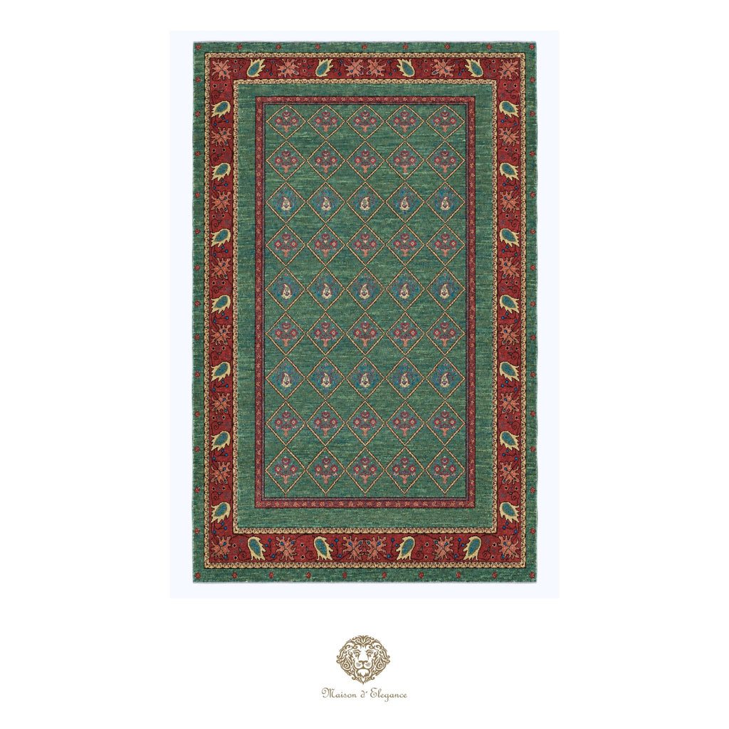 Green and red patterned rug with a brand logo at the bottom center on a white background