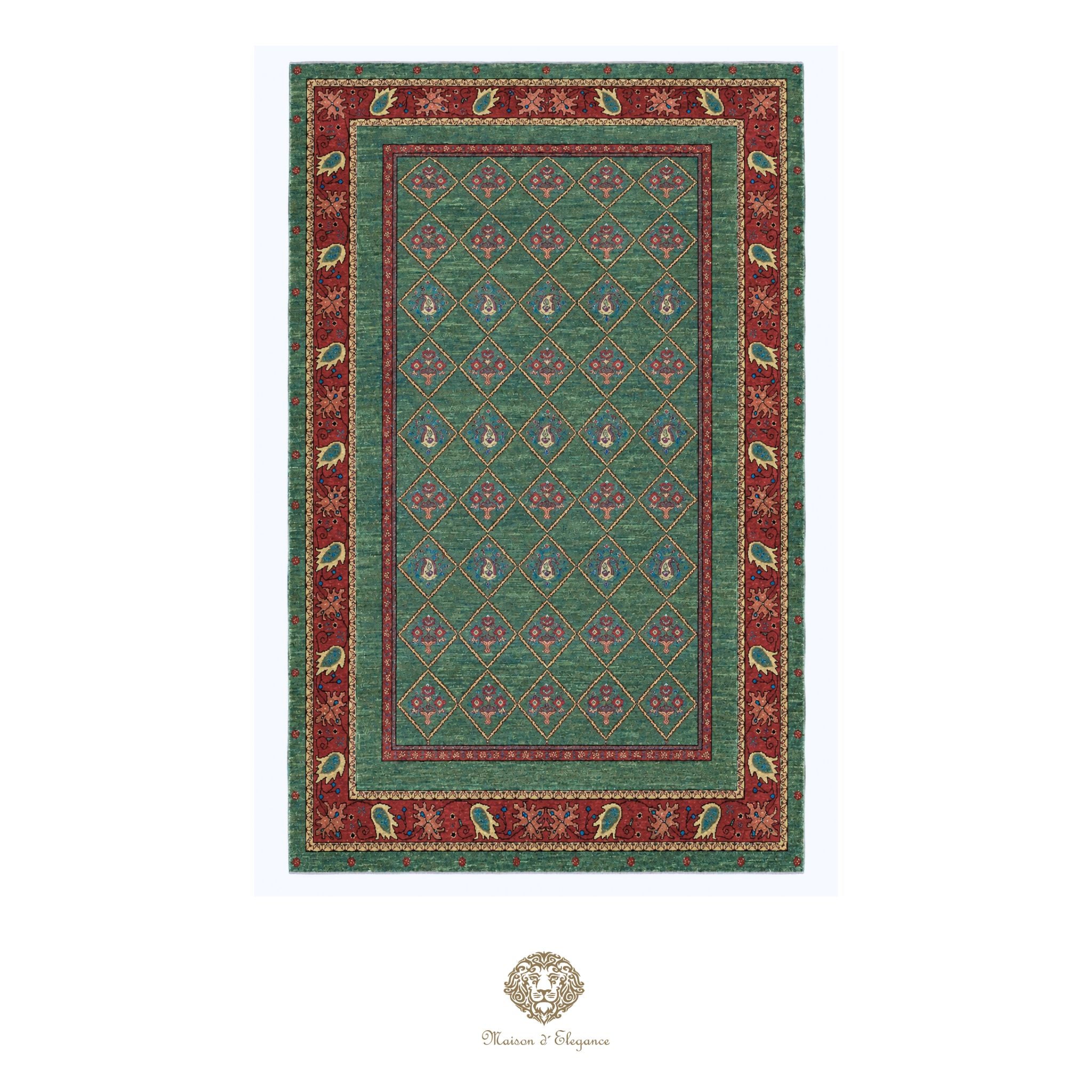 Green and red patterned rug with a brand logo at the bottom center on a white background